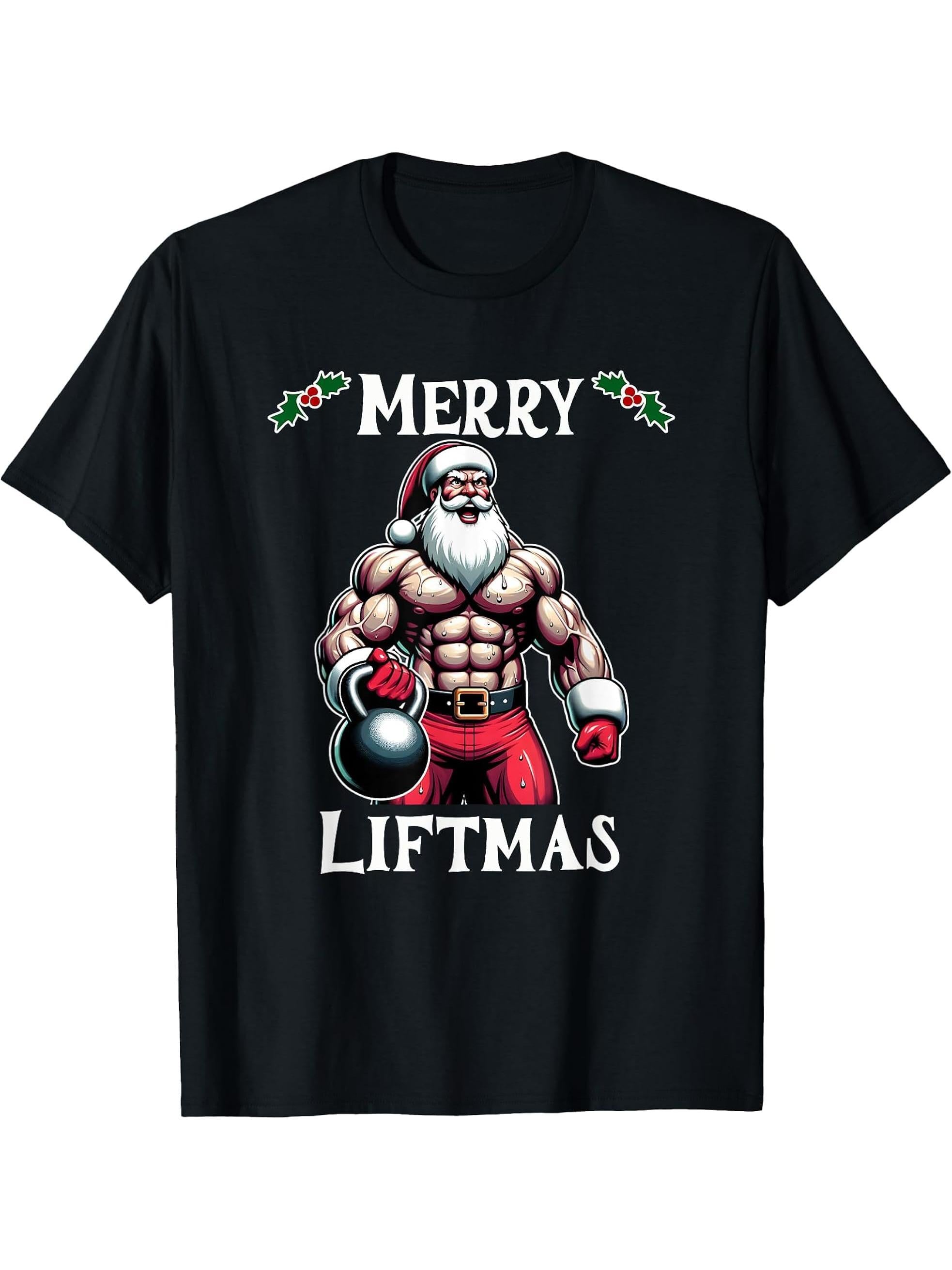 Swole Santa's Merry Liftmas, Buff Santa's T-Shirt 180G 100% Cotton Printed Round Neck Short-Sleeve T-Shirt, Gifts for Men Dad Husband Grandpa, S-XXXL, Black