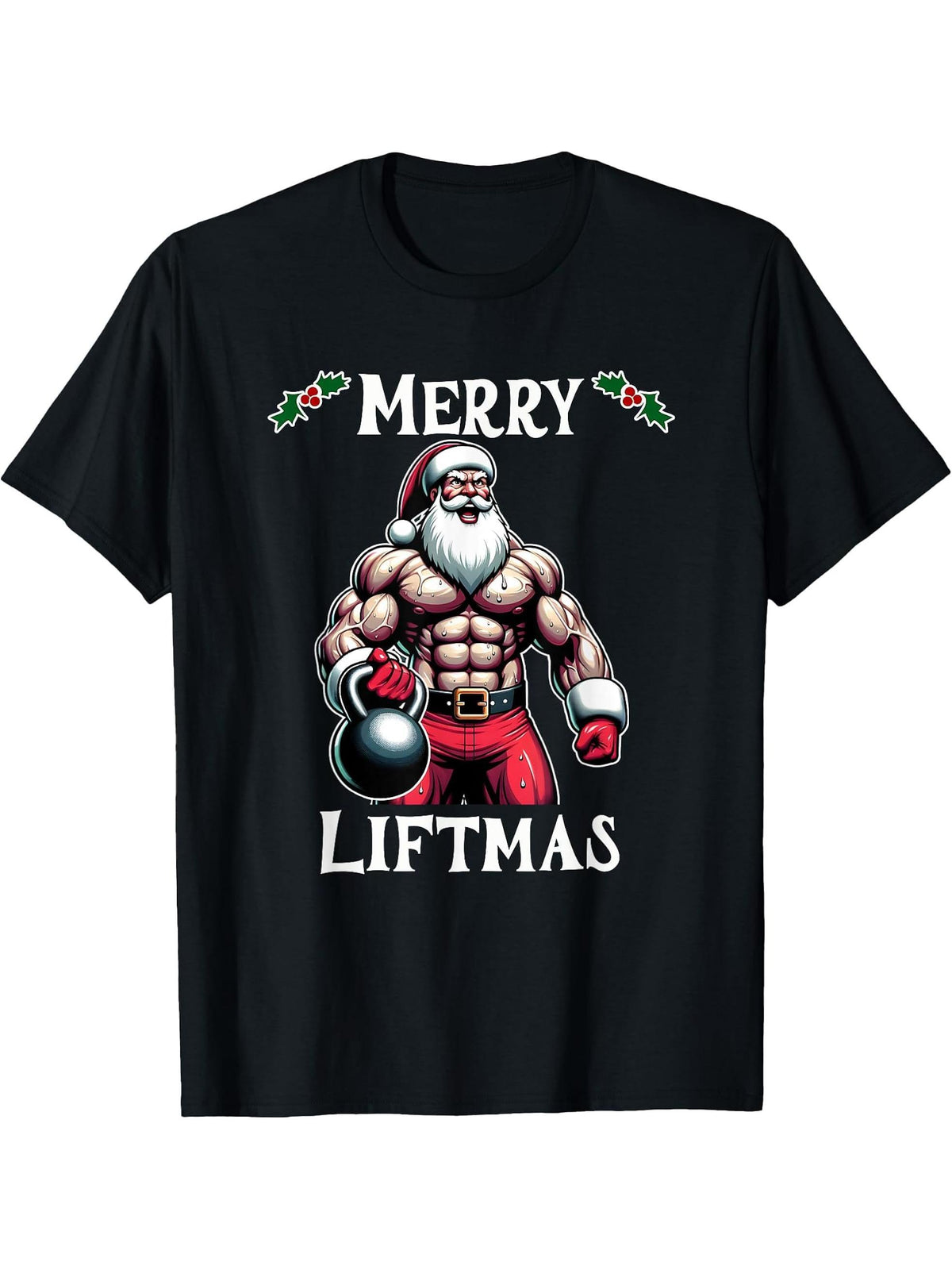 Swole Santa's Merry Liftmas, Buff Santa's T-Shirt 180G 100% Cotton Printed Round Neck Short-Sleeve T-Shirt, Gifts for Men Dad Husband Grandpa, S-XXXL, Black