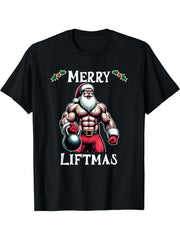 Swole Santa's Merry Liftmas, Buff Santa's T-Shirt 180G 100% Cotton Printed Round Neck Short-Sleeve T-Shirt, Gifts for Men Dad Husband Grandpa, S-XXXL, Black