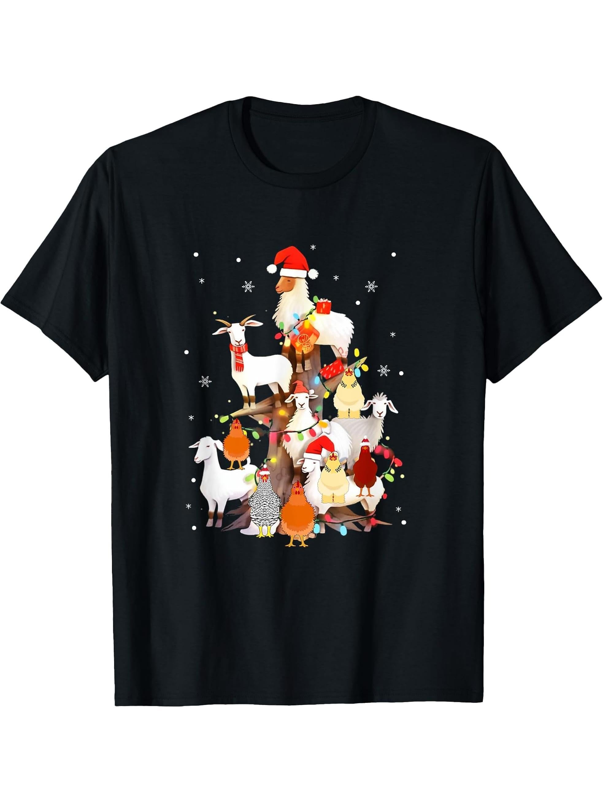 Goat Chicken Santa Hat Reindeer Christmas Lights Farm Animal T-Shirt 180G 100% Cotton Printed Round Neck Short-Sleeve T-Shirt, Gifts for Men Dad Husband Grandpa, S-XXXL, Black