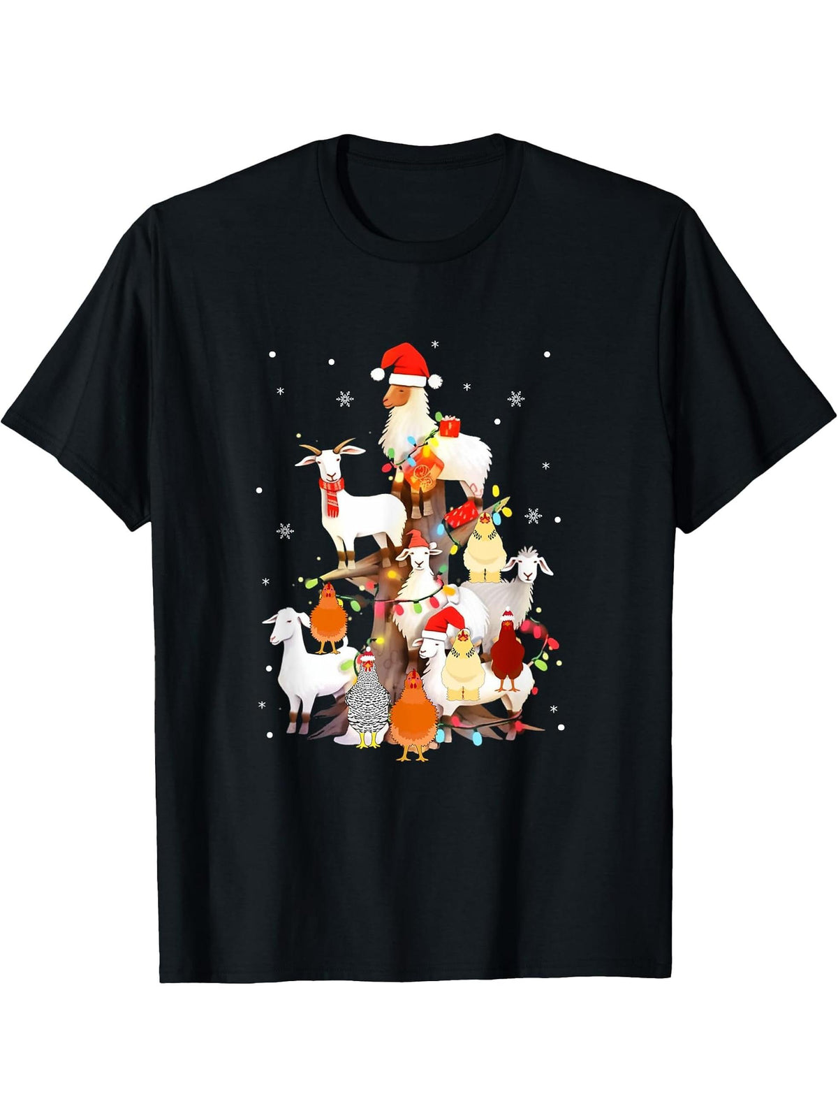 Goat Chicken Santa Hat Reindeer Christmas Lights Farm Animal T-Shirt 180G 100% Cotton Printed Round Neck Short-Sleeve T-Shirt, Gifts for Men Dad Husband Grandpa, S-XXXL, Black