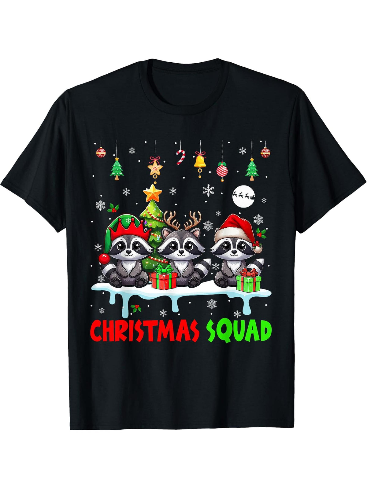 Three Santa Reindeer Elf Raccoons Christmas Animal Lover T-Shirt 180G 100% Cotton Printed Round Neck Short-Sleeve T-Shirt, Gifts for Men Dad Husband Grandpa, S-XXXL, Black