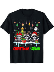 Three Santa Reindeer Elf Raccoons Christmas Animal Lover T-Shirt 180G 100% Cotton Printed Round Neck Short-Sleeve T-Shirt, Gifts for Men Dad Husband Grandpa, S-XXXL, Black