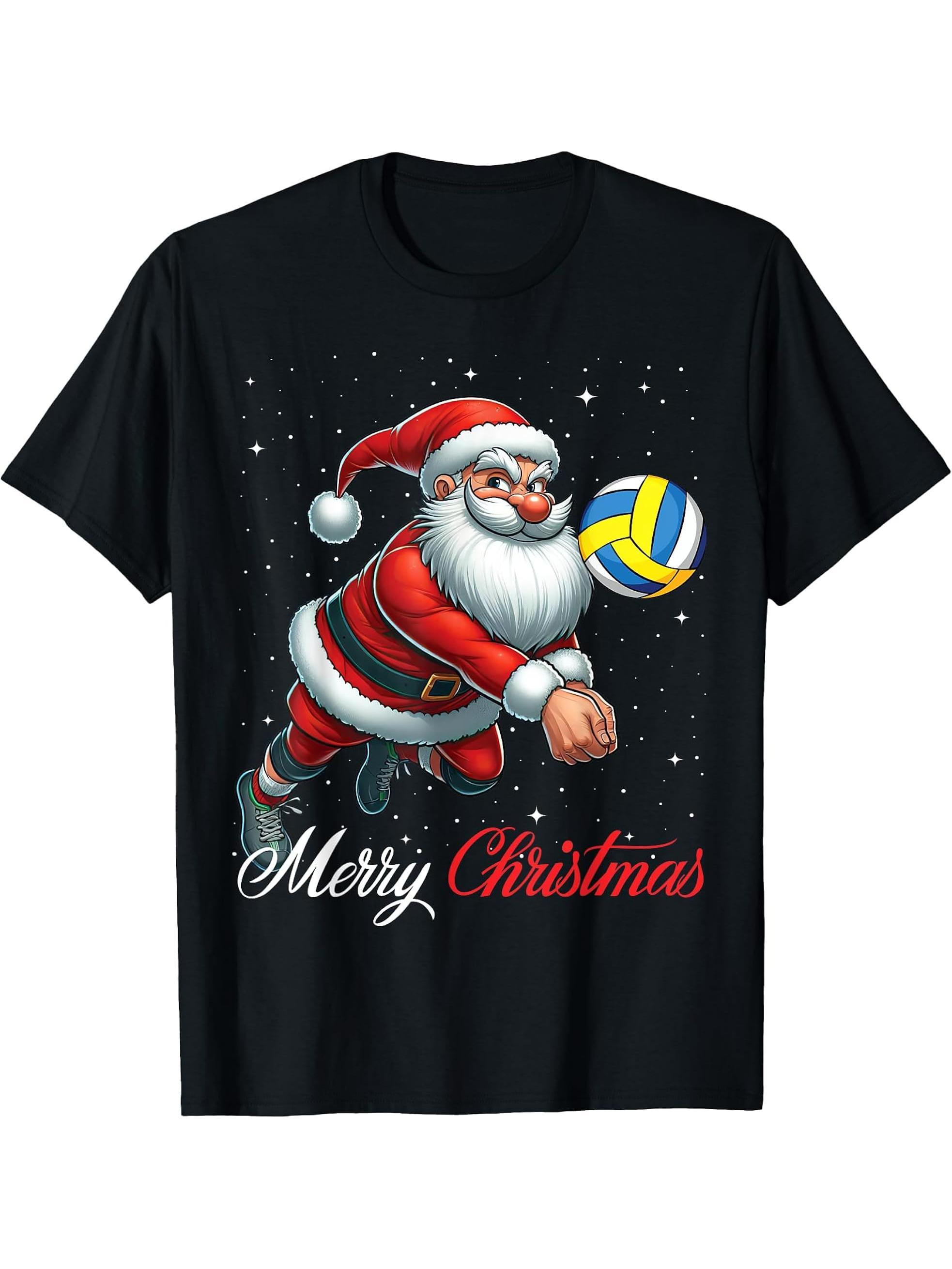 Santa Claus Volleyball Player Merry Christmas Snow Xmas T-Shirt 180G 100% Cotton Printed Round Neck Short-Sleeve T-Shirt, Gifts for Men Dad Husband Grandpa, S-XXXL, Black