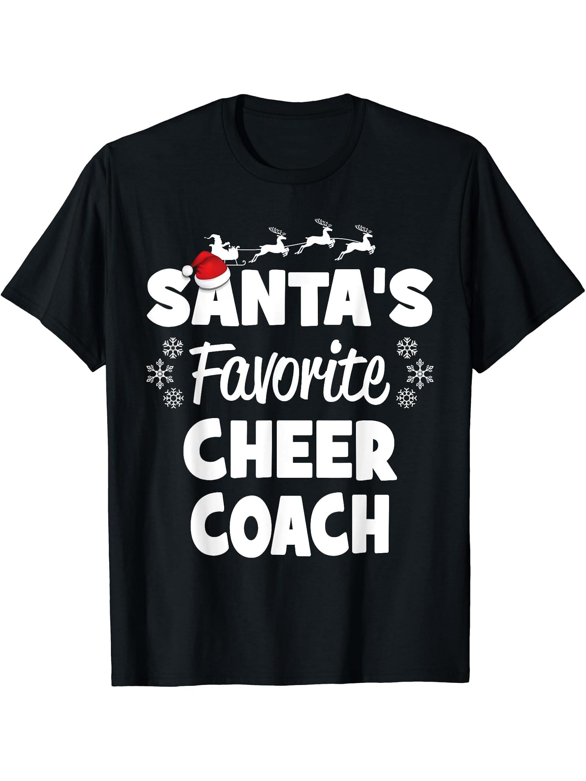Santa's Favorite Cheer Coach Funny Christmas Matching T-Shirt 180G 100% Cotton Printed Round Neck Short-Sleeve T-Shirt, Gifts for Men Dad Husband Grandpa, S-XXXL, Black