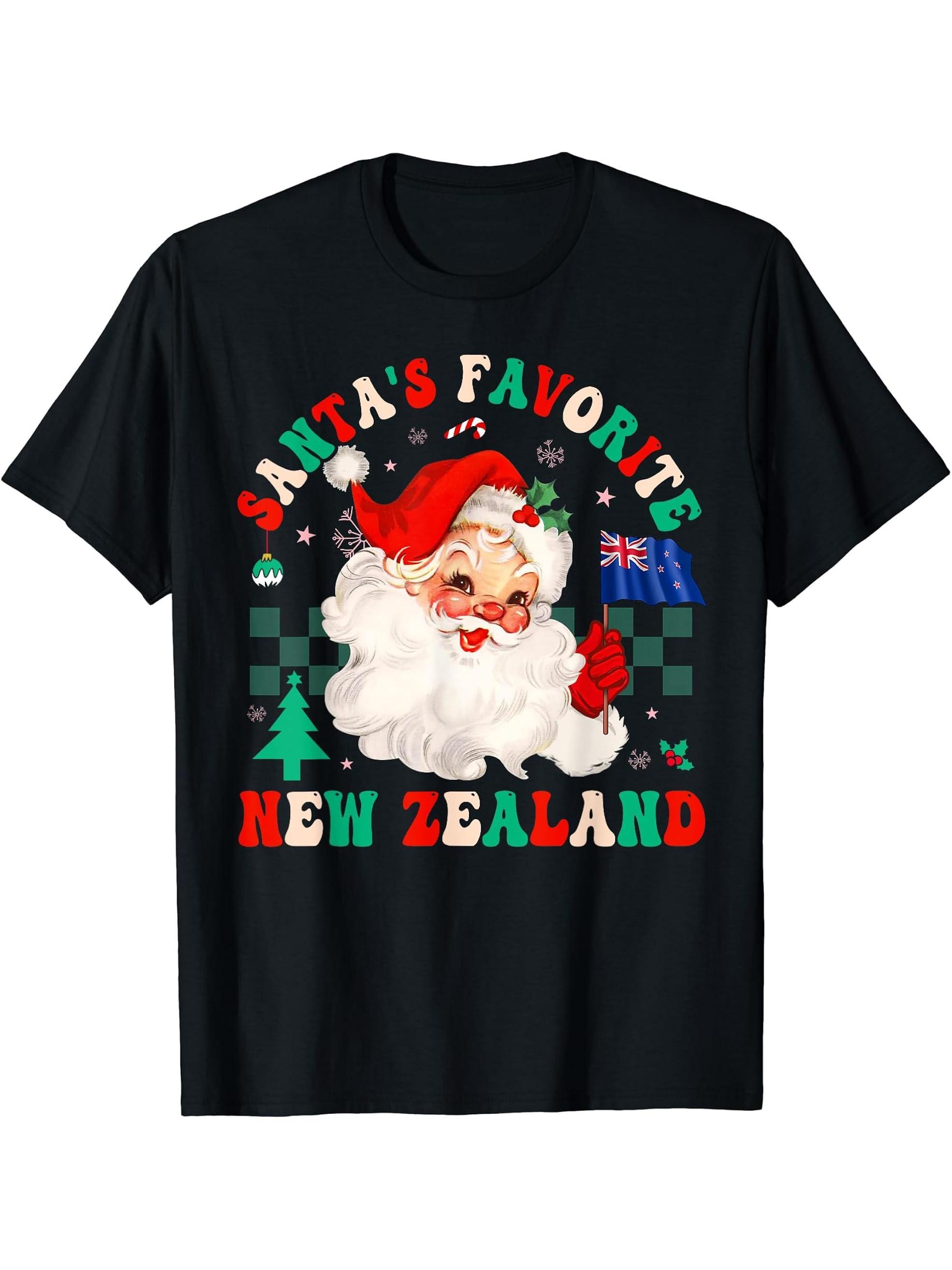 Santa's Favorite NEW ZEALAND Funny Groovy Christmas T-Shirt 180G 100% Cotton Printed Round Neck Short-Sleeve T-Shirt, Gifts for Men Dad Husband Grandpa, S-XXXL, Black