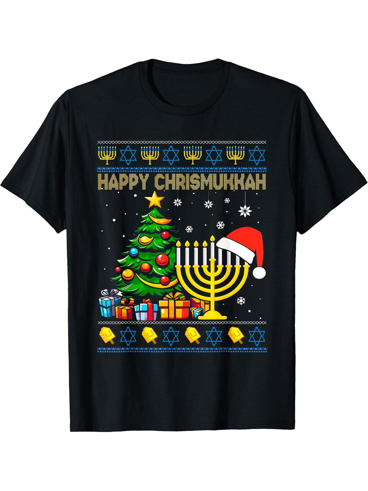 Happy Chrismukkah Santa Hat Christmas Hanukkah Sleep Pajama T-Shirt 180G 100% Cotton Printed Round Neck Short-Sleeve T-Shirt, Gifts for Men Dad Husband Grandpa, S-XXXL, Black