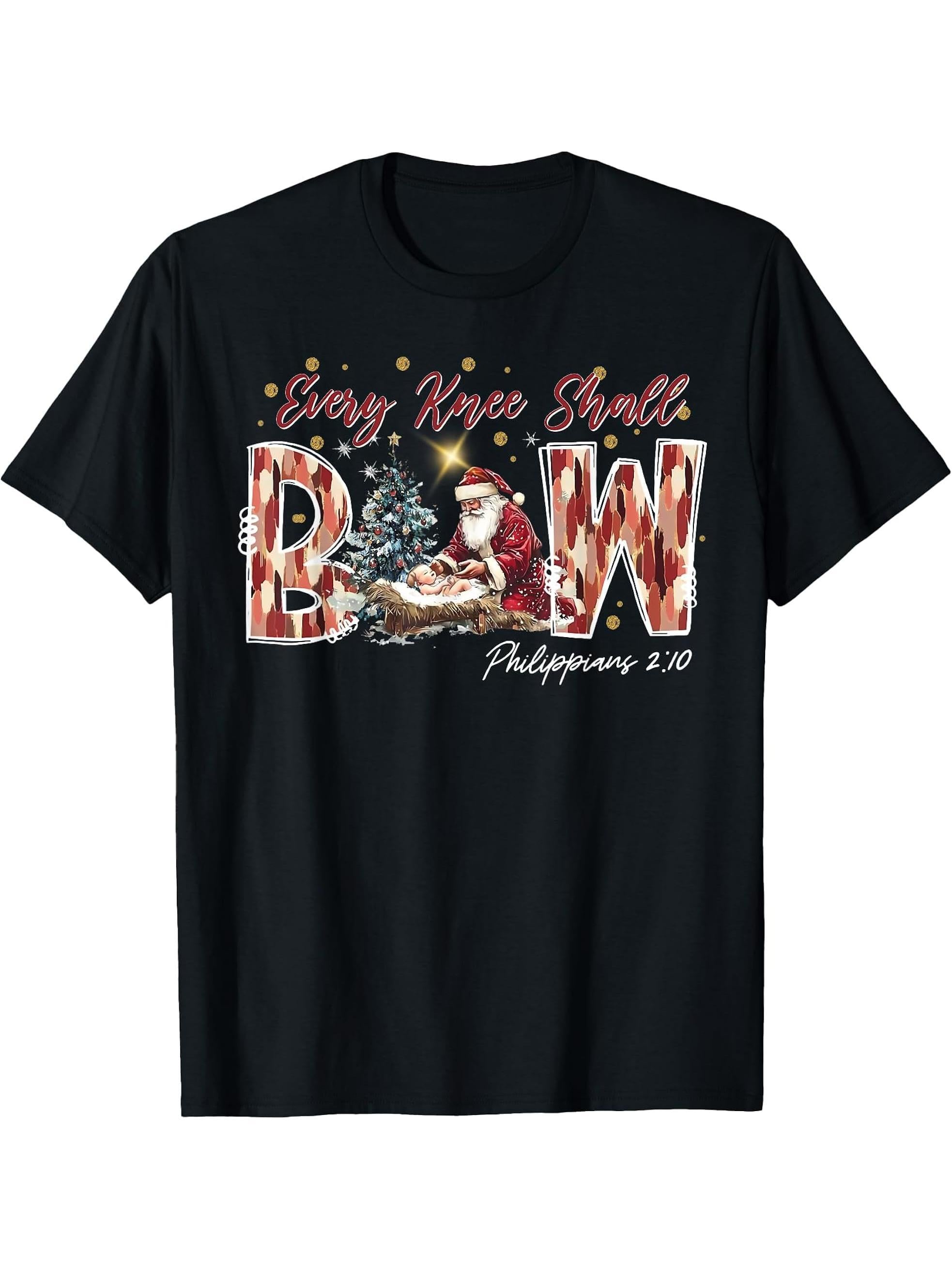 Every Knee Shall Bow Santa Christmas Nativity Scene Xmas T-Shirt 180G 100% Cotton Printed Round Neck Short-Sleeve T-Shirt, Gifts for Men Dad Husband Grandpa, S-XXXL, Black