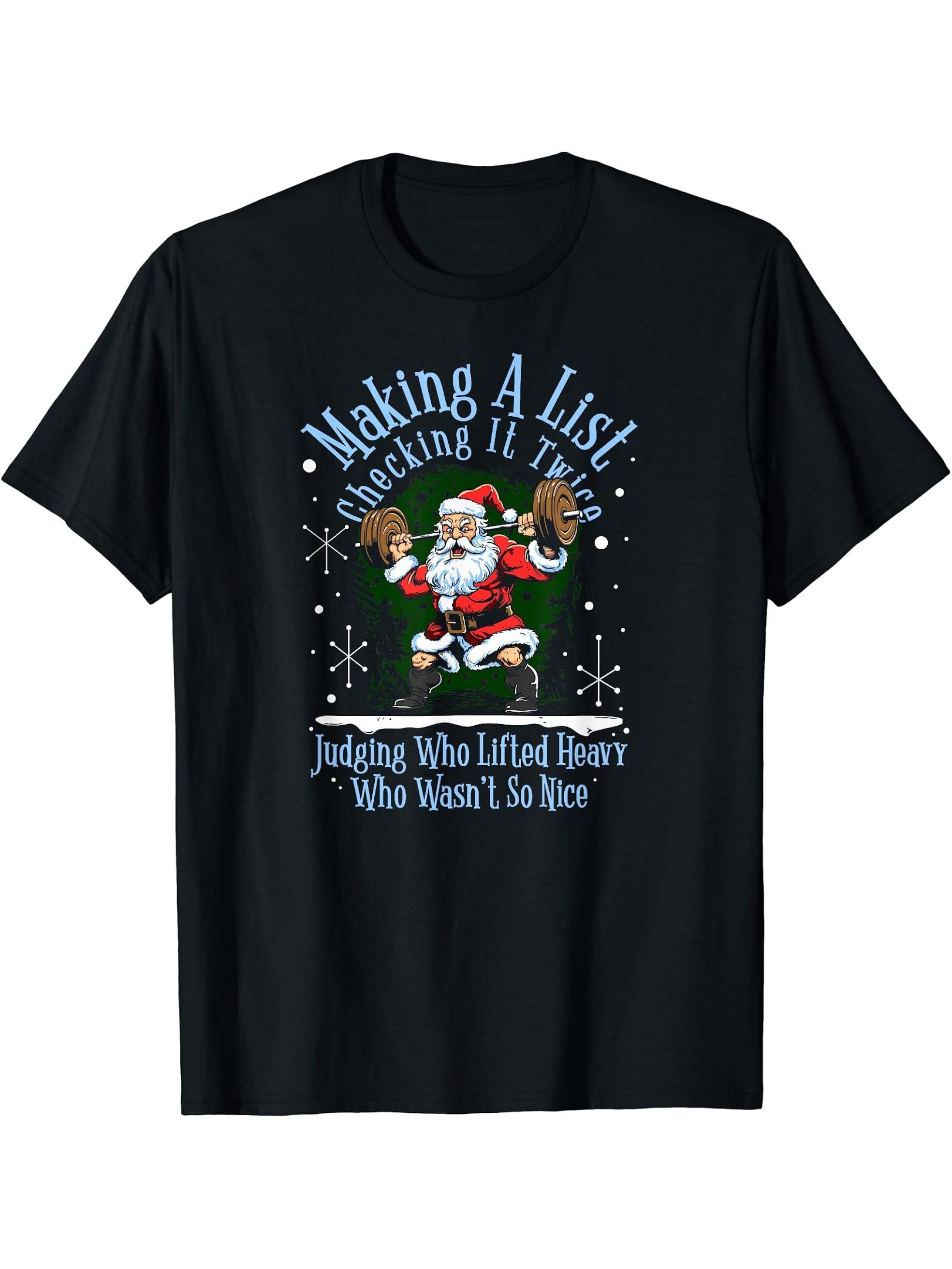 Funny Buff Santa Claus Holiday Workout Jingle Christmas T-Shirt 180G 100% Cotton Printed Round Neck Short-Sleeve T-Shirt, Gifts for Men Dad Husband Grandpa, S-XXXL, Black