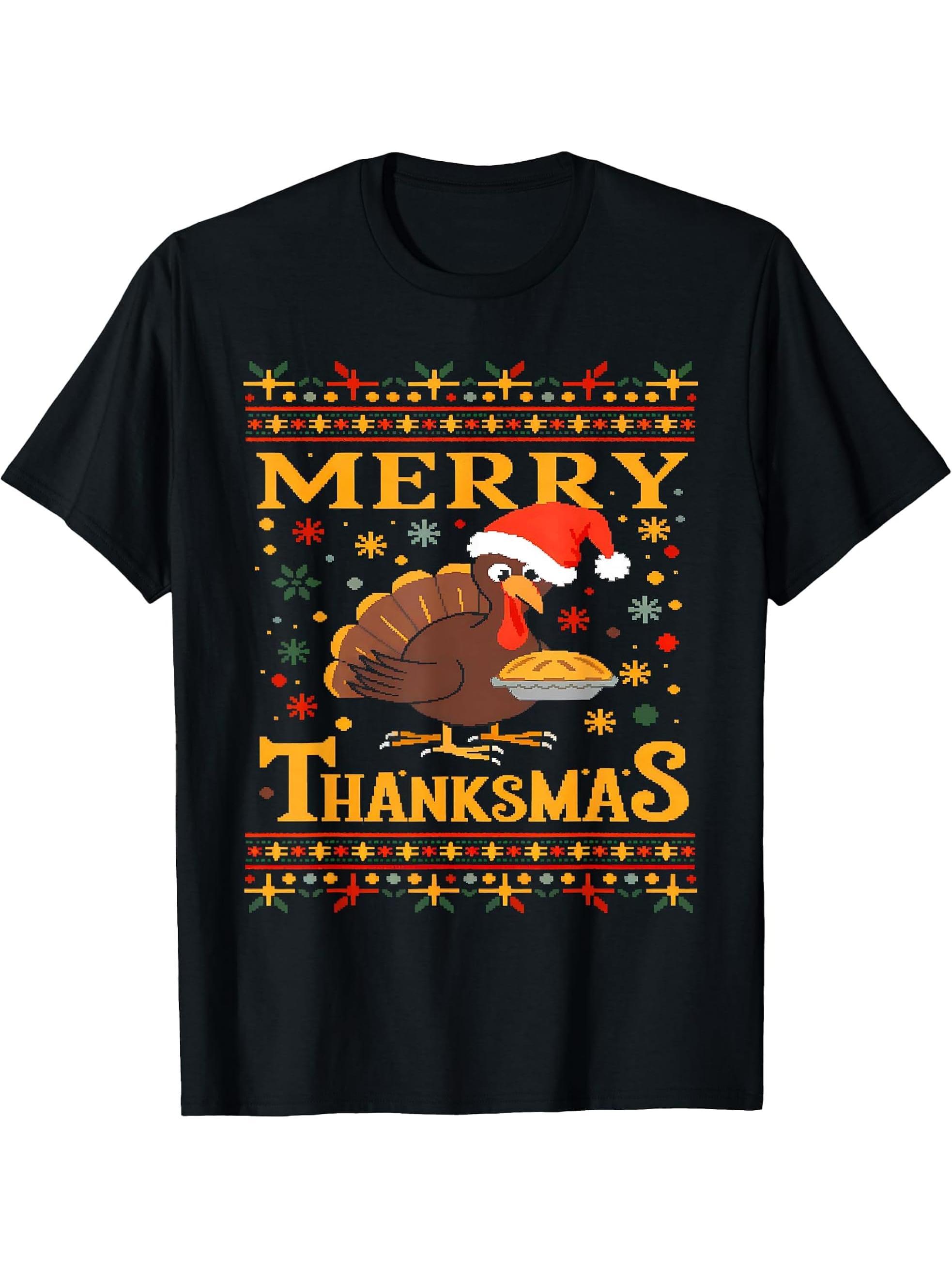 Merry Thanksmas Thanksgiving Turkey Santa Xmas Gifts T-Shirt 180G 100% Cotton Printed Round Neck Short-Sleeve T-Shirt, Gifts for Men Dad Husband Grandpa, S-XXXL, Black