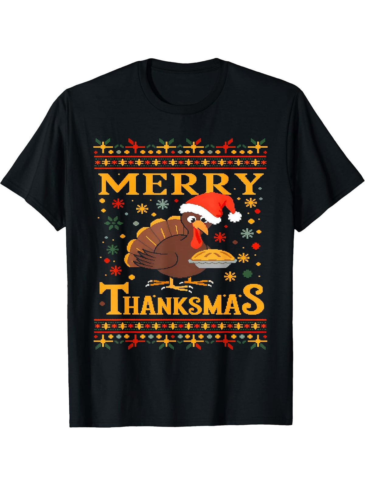 Merry Thanksmas Thanksgiving Turkey Santa Xmas Gifts T-Shirt 180G 100% Cotton Printed Round Neck Short-Sleeve T-Shirt, Gifts for Men Dad Husband Grandpa, S-XXXL, Black