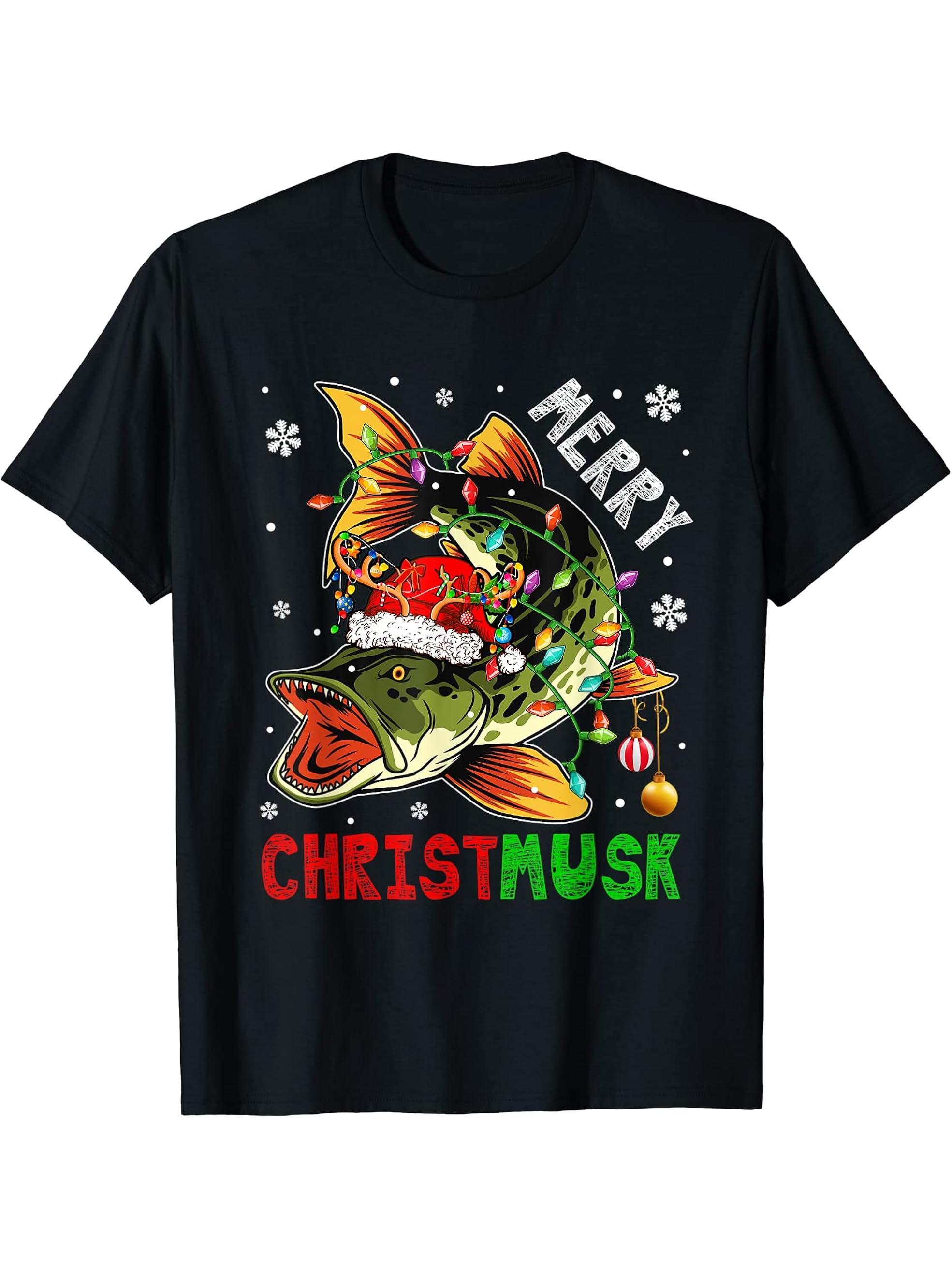 Merry Christmusk Xmas Santa Reindeer Muskie Fish Fisherman T-Shirt 180G 100% Cotton Printed Round Neck Short-Sleeve T-Shirt, Gifts for Men Dad Husband Grandpa, S-XXXL, Black