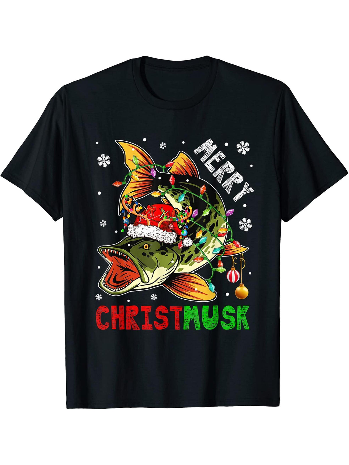 Merry Christmusk Xmas Santa Reindeer Muskie Fish Fisherman T-Shirt 180G 100% Cotton Printed Round Neck Short-Sleeve T-Shirt, Gifts for Men Dad Husband Grandpa, S-XXXL, Black