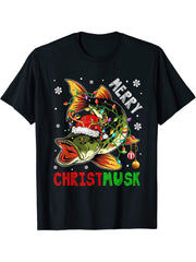 Merry Christmusk Xmas Santa Reindeer Muskie Fish Fisherman T-Shirt 180G 100% Cotton Printed Round Neck Short-Sleeve T-Shirt, Gifts for Men Dad Husband Grandpa, S-XXXL, Black