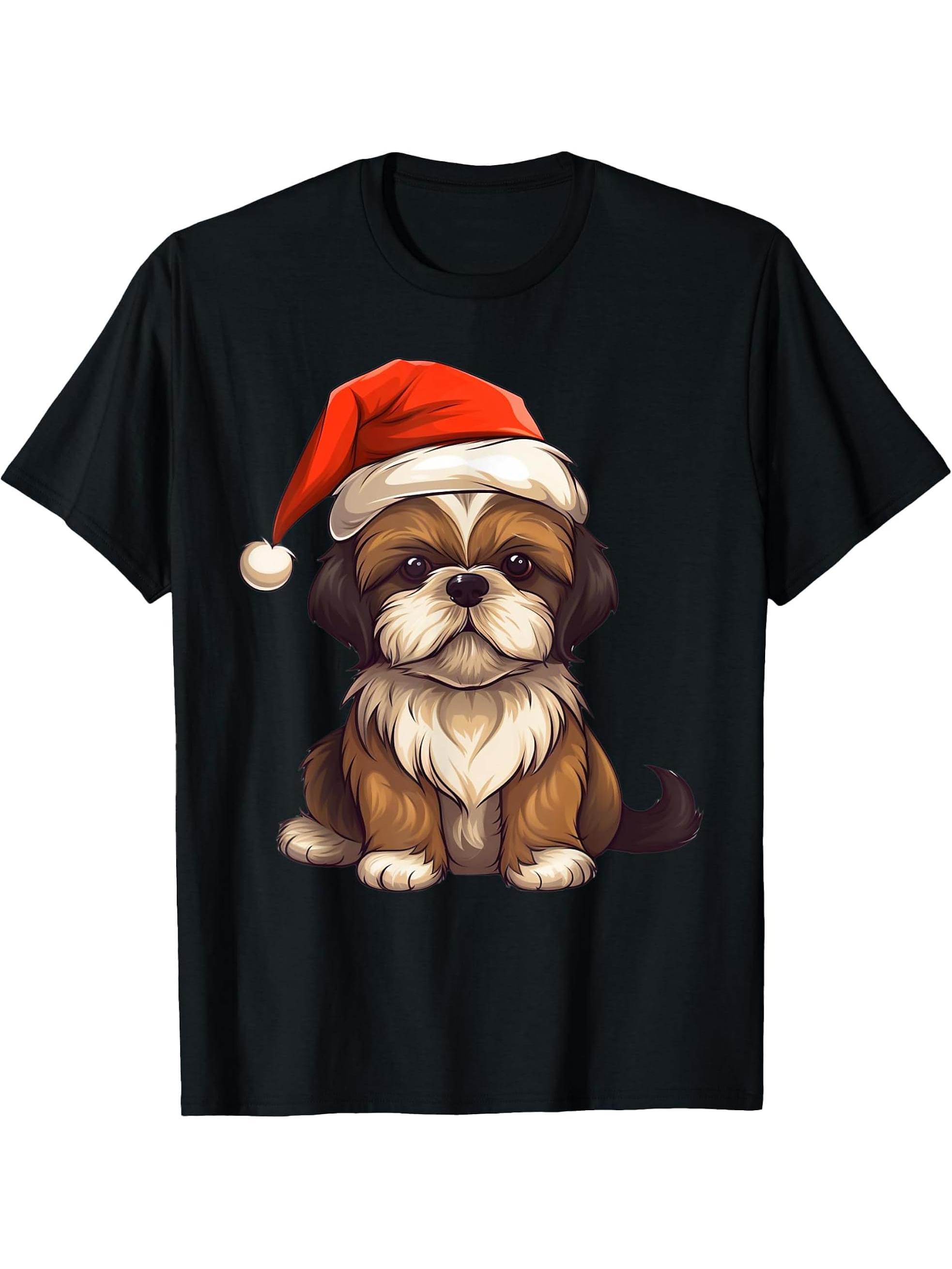 Christmas Shih Tzu Dog Santa Hat Funny Xmas Boy Girl T-Shirt 180G 100% Cotton Printed Round Neck Short-Sleeve T-Shirt, Gifts for Men Dad Husband Grandpa, S-XXXL, Black