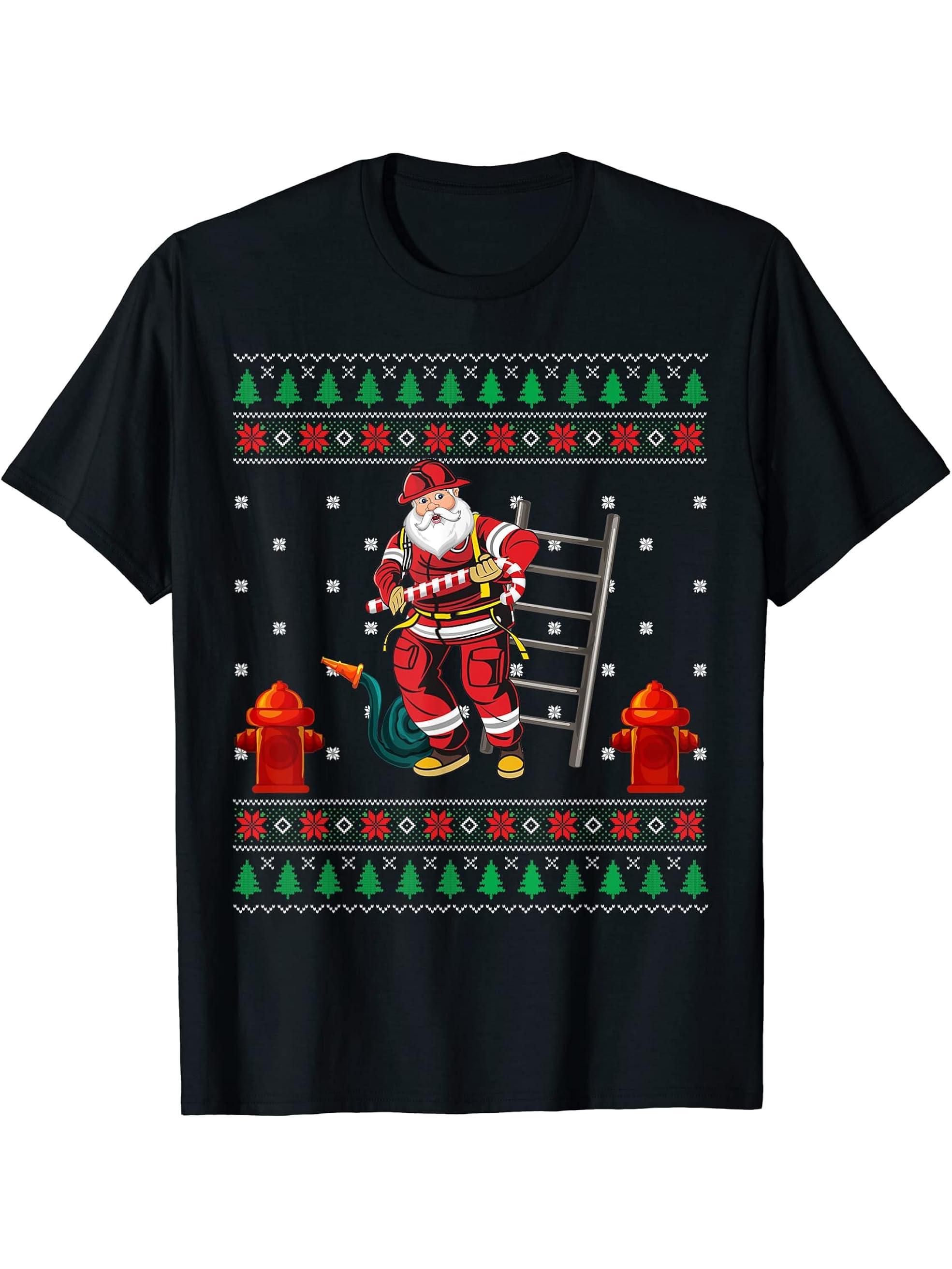 Funny Firefighter Fireman Ugly Christmas Santa Claus Pajama T-Shirt 180G 100% Cotton Printed Round Neck Short-Sleeve T-Shirt, Gifts for Men Dad Husband Grandpa, S-XXXL, Black