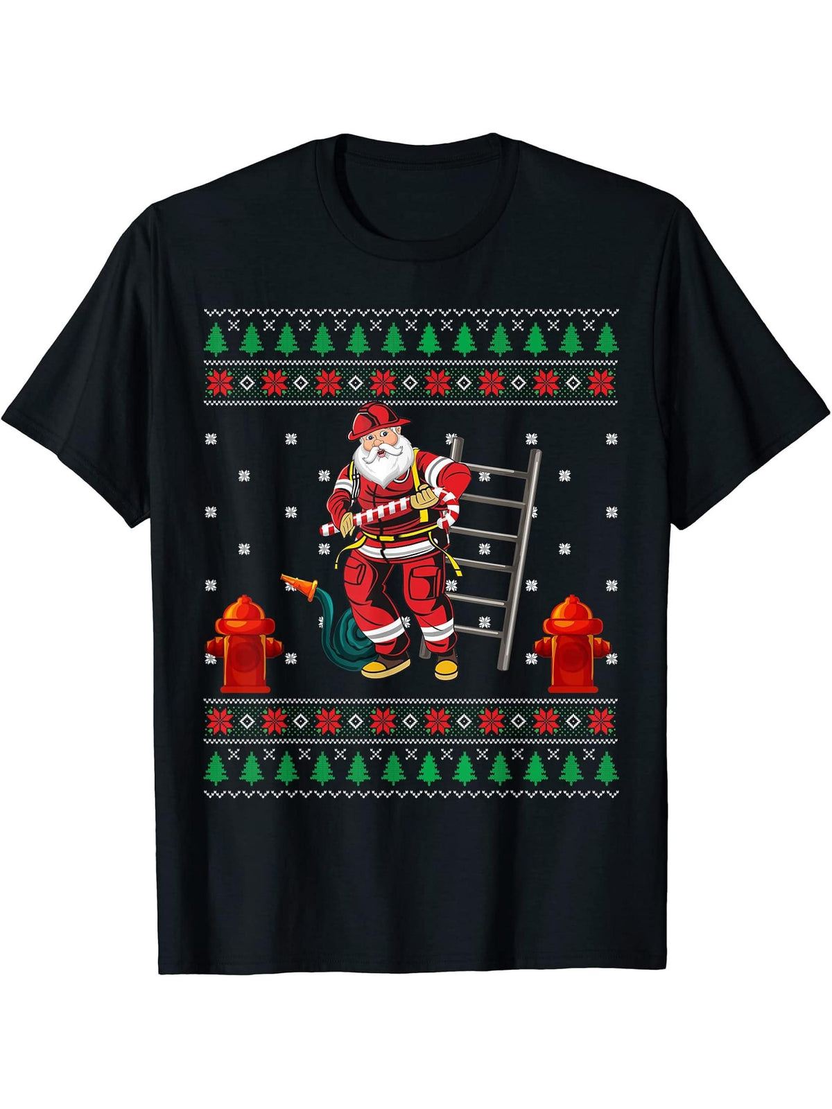 Funny Firefighter Fireman Ugly Christmas Santa Claus Pajama T-Shirt 180G 100% Cotton Printed Round Neck Short-Sleeve T-Shirt, Gifts for Men Dad Husband Grandpa, S-XXXL, Black