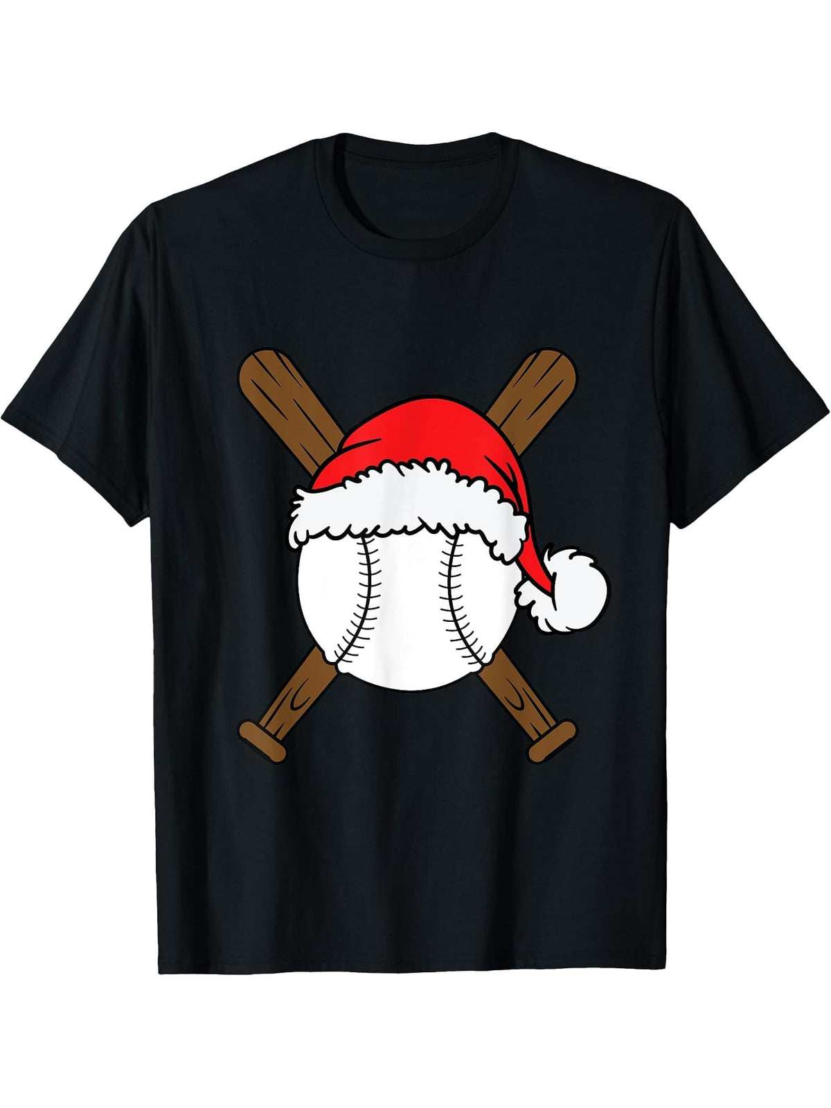 Christmas Baseball Player Santa Sports Design For Men Boys T-Shirt 180G 100% Cotton Printed Round Neck Short-Sleeve T-Shirt, Gifts for Men Dad Husband Grandpa, S-XXXL, Black
