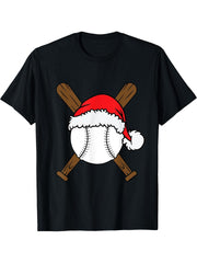 Christmas Baseball Player Santa Sports Design For Men Boys T-Shirt 180G 100% Cotton Printed Round Neck Short-Sleeve T-Shirt, Gifts for Men Dad Husband Grandpa, S-XXXL, Black