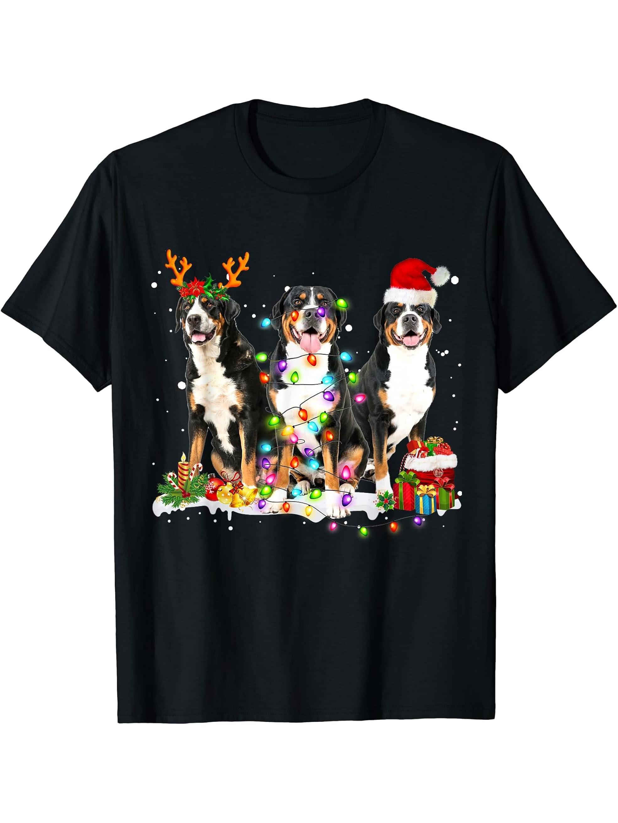 Santa Greater Swiss Mountain Dog Reindeer Christmas Pajama T-Shirt 180G 100% Cotton Printed Round Neck Short-Sleeve T-Shirt, Gifts for Men Dad Husband Grandpa, S-XXXL, Black