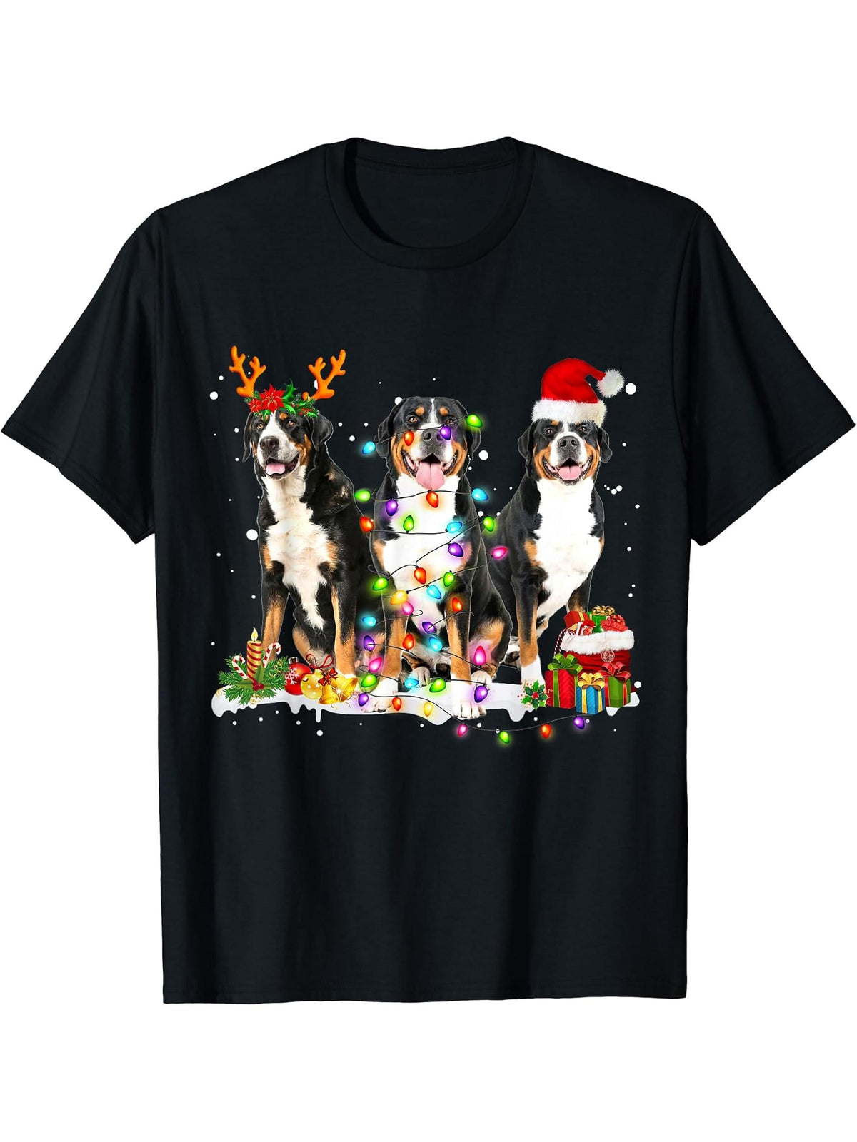 Santa Greater Swiss Mountain Dog Reindeer Christmas Pajama T-Shirt 180G 100% Cotton Printed Round Neck Short-Sleeve T-Shirt, Gifts for Men Dad Husband Grandpa, S-XXXL, Black