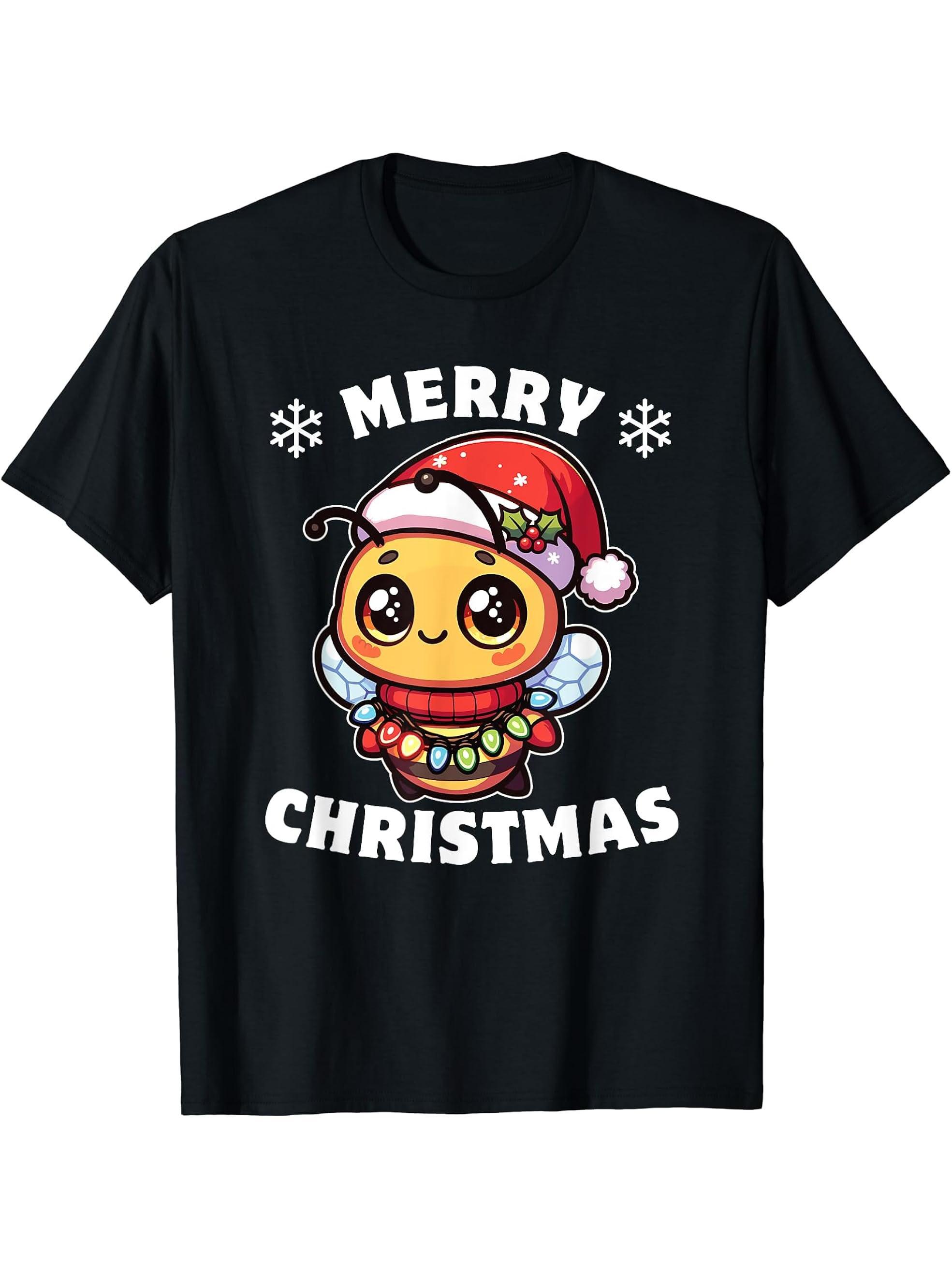 Santa Hat Christmas Fairy Lights Bee T-Shirt 180G 100% Cotton Printed Round Neck Short-Sleeve T-Shirt, Gifts for Men Dad Husband Grandpa, S-XXXL, Black