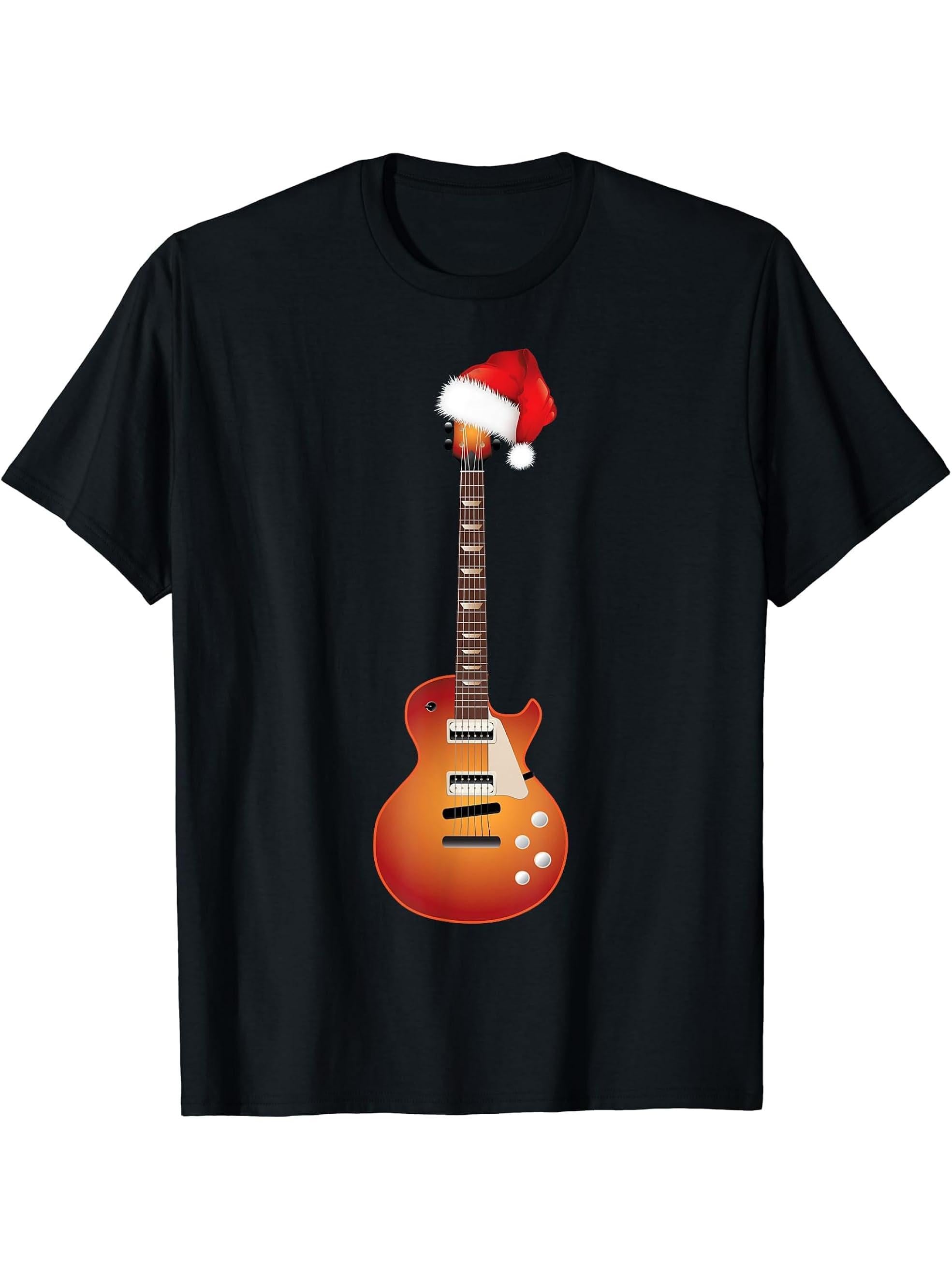 Christmas Guitar T Shirt with Santa Hat Guitars Lovers Shirt T-Shirt 180G 100% Cotton Printed Round Neck Short-Sleeve T-Shirt, Gifts for Men Dad Husband Grandpa, S-XXXL, Black