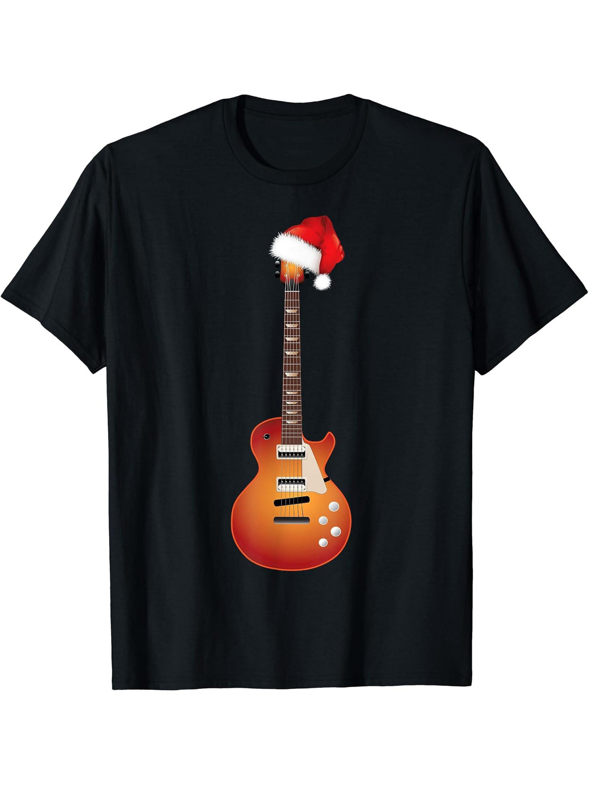 Christmas Guitar T Shirt with Santa Hat Guitars Lovers Shirt T-Shirt 180G 100% Cotton Printed Round Neck Short-Sleeve T-Shirt, Gifts for Men Dad Husband Grandpa, S-XXXL, Black