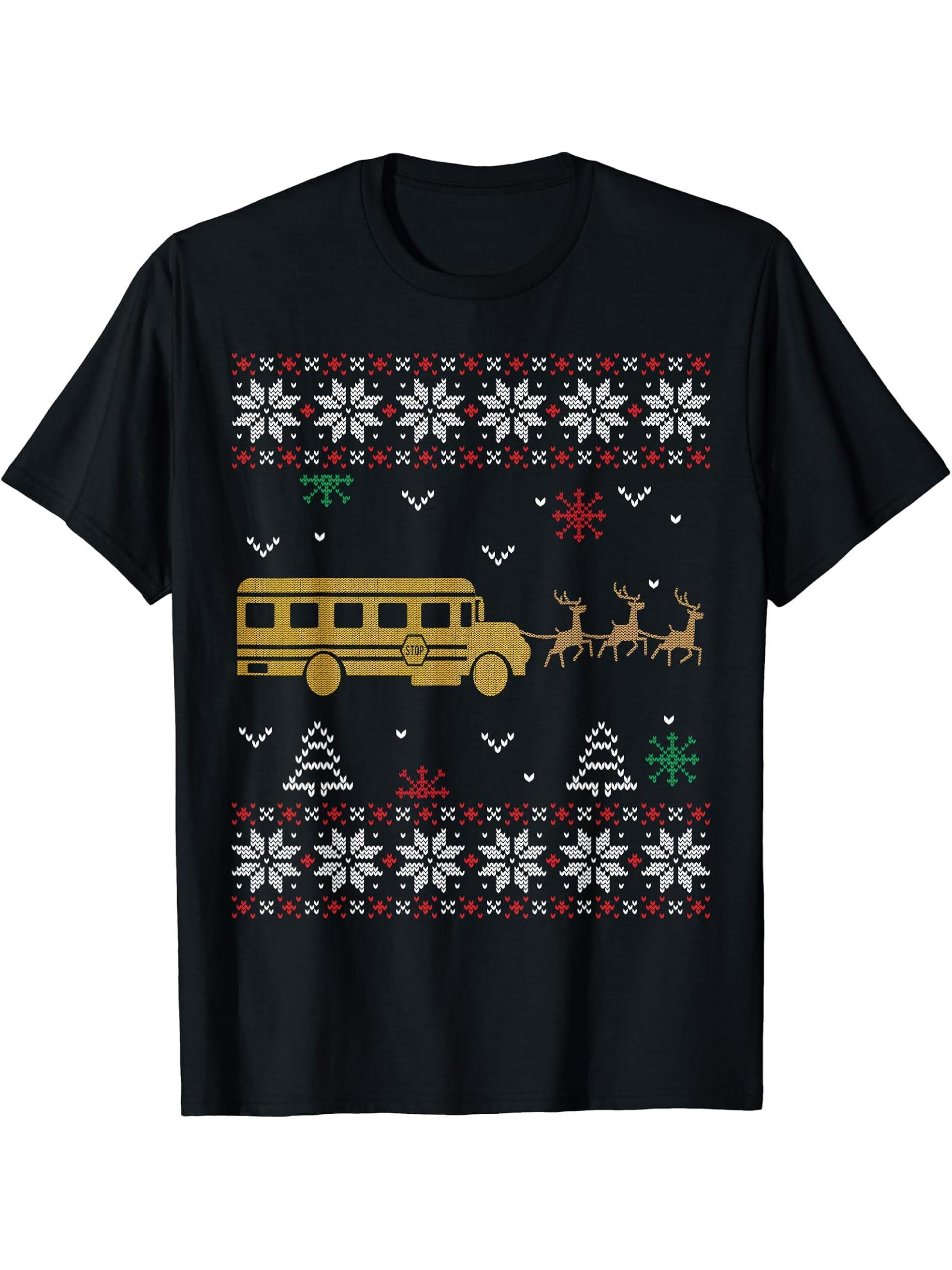 Ugly Christmas Santa School Bus Driver T Shirt 180G 100% Cotton Printed Round Neck Short-Sleeve T-Shirt, Gifts for Men Dad Husband Grandpa, S-XXXL, Black