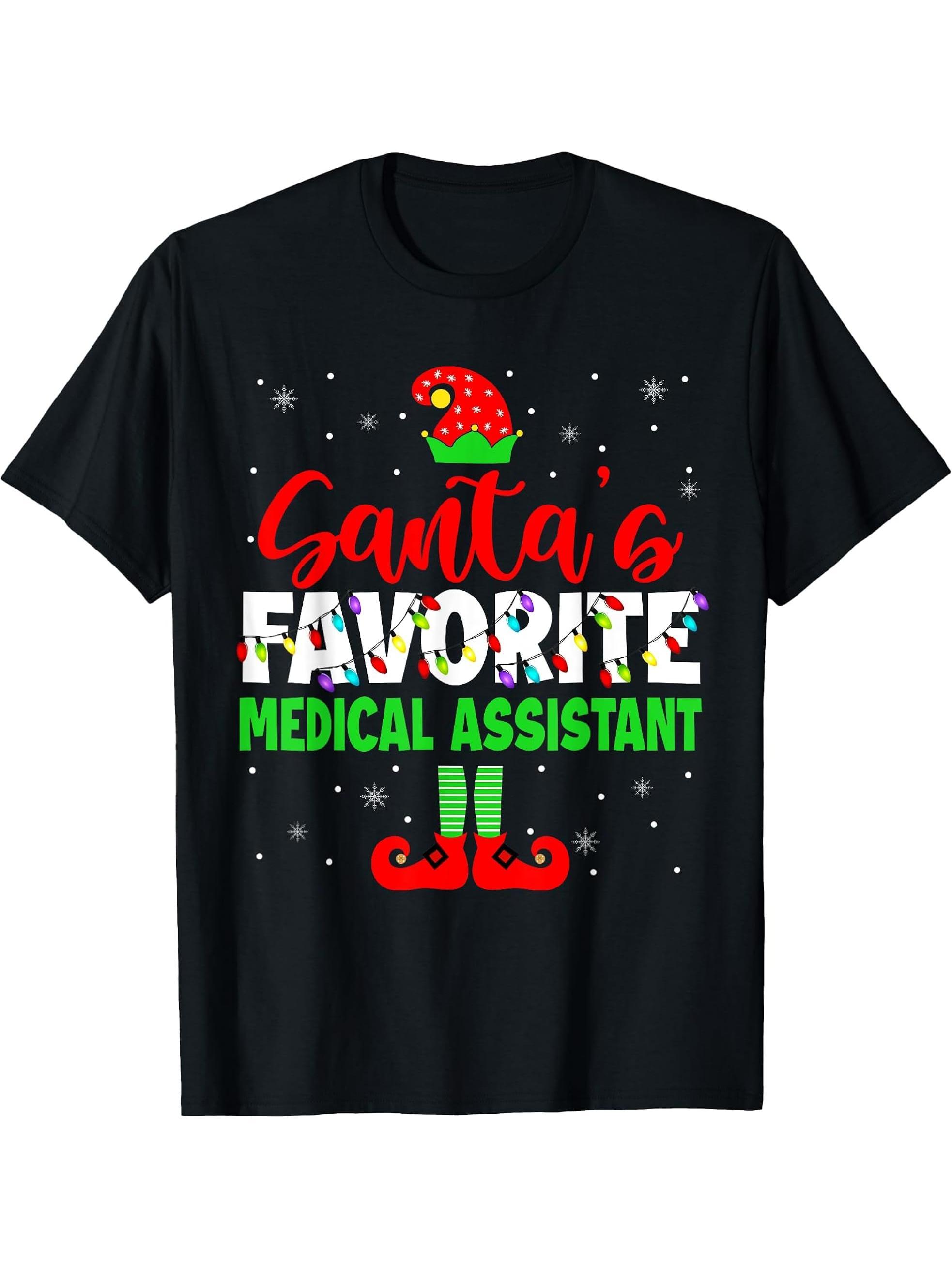 Santa's Favorite Medical Assistant Christmas Lights Elf T-Shirt 180G 100% Cotton Printed Round Neck Short-Sleeve T-Shirt, Gifts for Men Dad Husband Grandpa, S-XXXL, Black