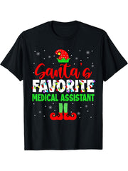 Santa's Favorite Medical Assistant Christmas Lights Elf T-Shirt 180G 100% Cotton Printed Round Neck Short-Sleeve T-Shirt, Gifts for Men Dad Husband Grandpa, S-XXXL, Black