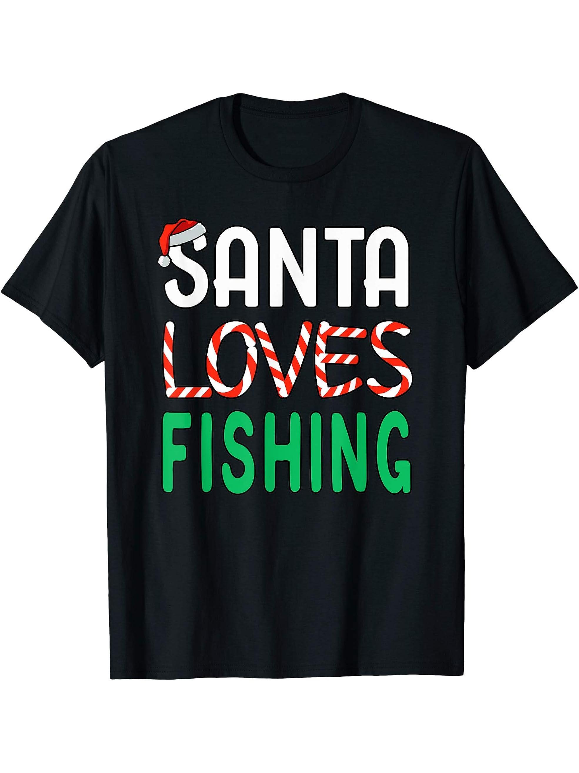 Fishing Christmas Gift - Funny Santa Loves Fishing T-Shirt 180G 100% Cotton Printed Round Neck Short-Sleeve T-Shirt, Gifts for Men Dad Husband Grandpa, S-XXXL, Black