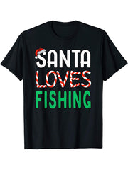 Fishing Christmas Gift - Funny Santa Loves Fishing T-Shirt 180G 100% Cotton Printed Round Neck Short-Sleeve T-Shirt, Gifts for Men Dad Husband Grandpa, S-XXXL, Black