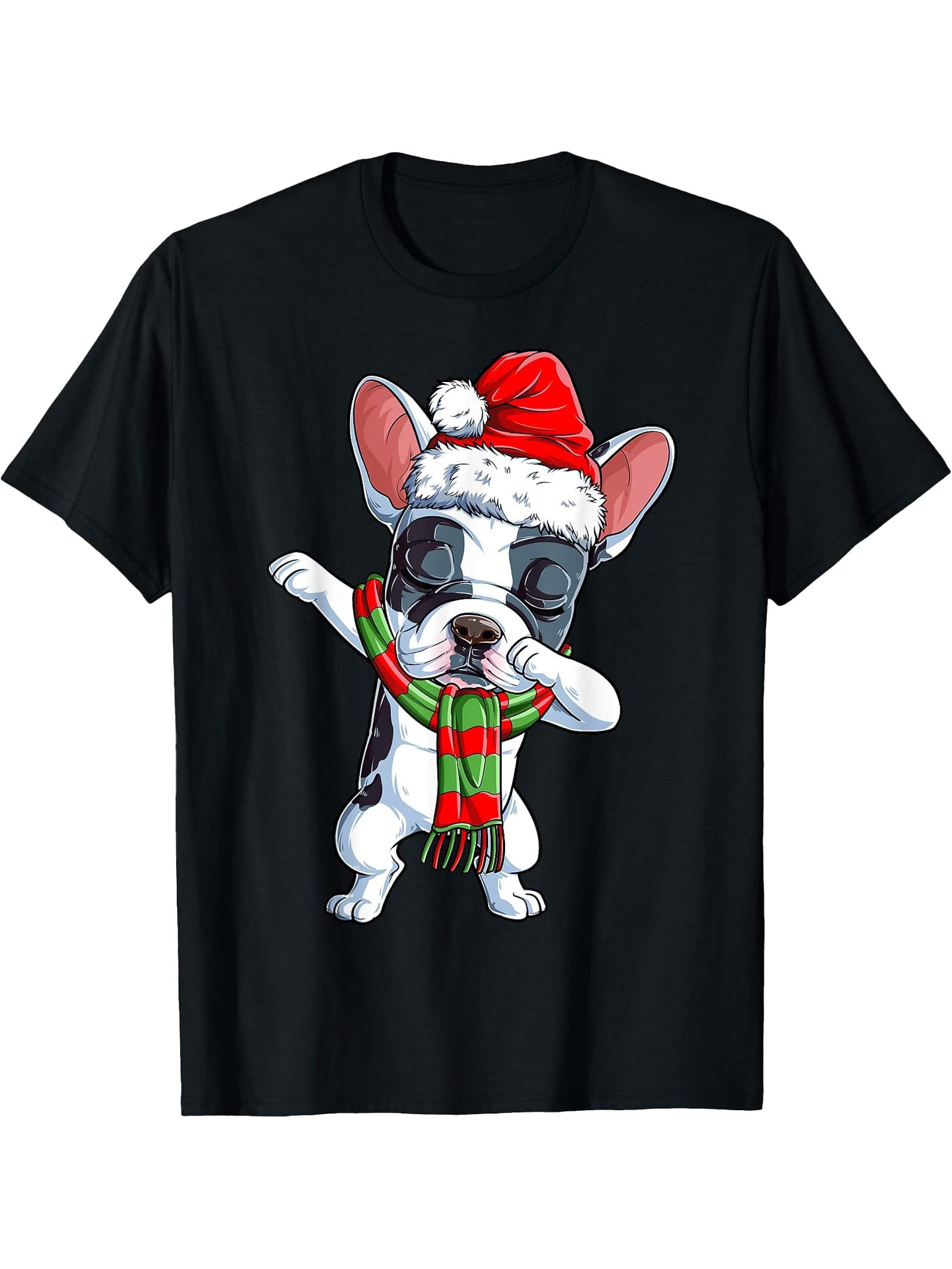 Dabbing French Bulldog Santa Christmas Gifts Boy Girl Boys Xmas T-Shirt 180G 100% Cotton Printed Round Neck Short-Sleeve T-Shirt, Gifts for Men Dad Husband Grandpa, S-XXXL, Black