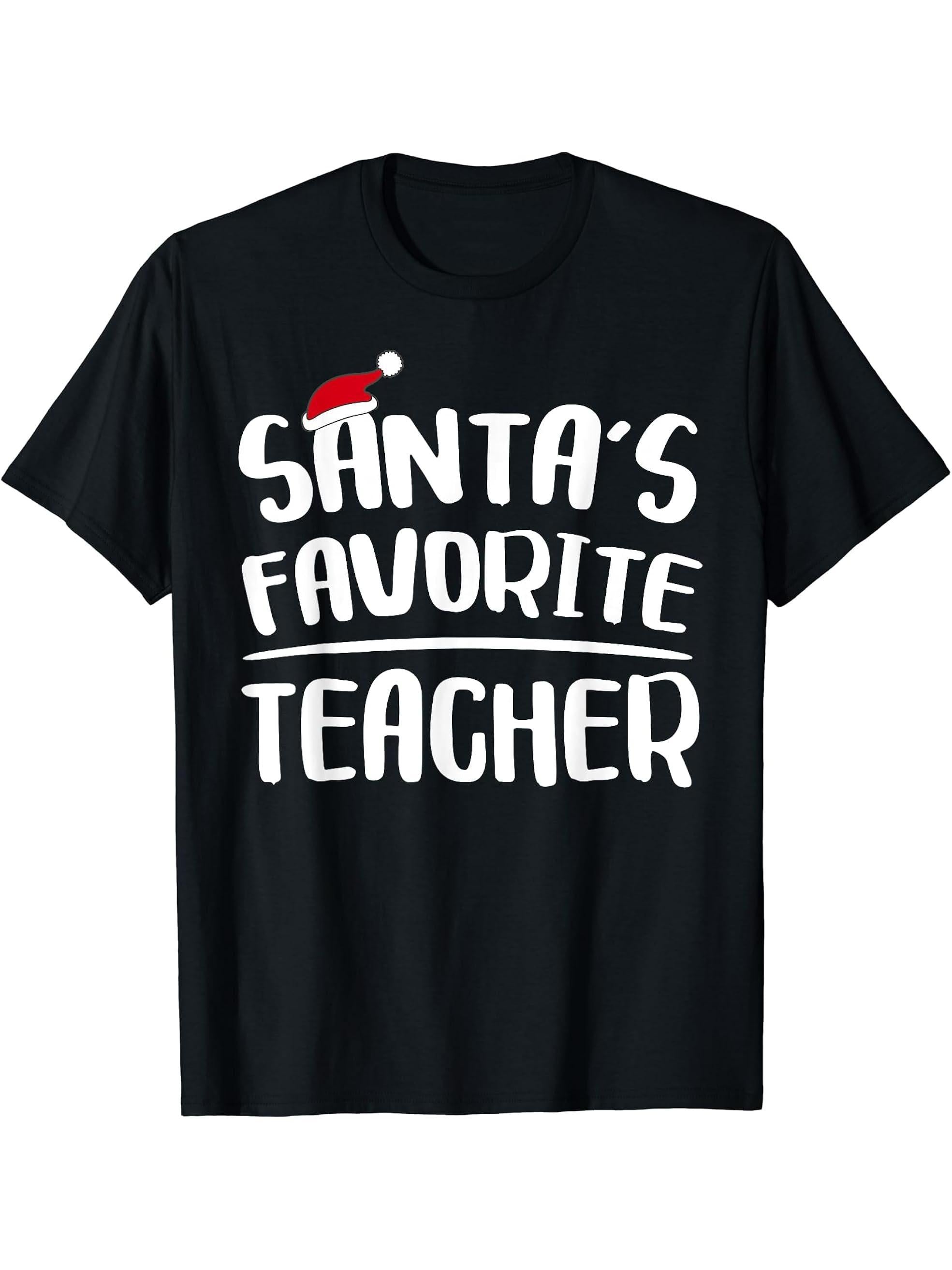 Santa's Favorite Teacher T-Shirt Teacher Christmas Shirt T-Shirt 180G 100% Cotton Printed Round Neck Short-Sleeve T-Shirt, Gifts for Men Dad Husband Grandpa, S-XXXL, Black