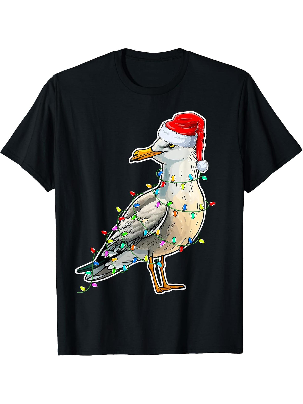Seagull Wearing Santa Hat Xmas - Seagull Lover Christmas T-Shirt 180G 100% Cotton Printed Round Neck Short-Sleeve T-Shirt, Gifts for Men Dad Husband Grandpa, S-XXXL, Black
