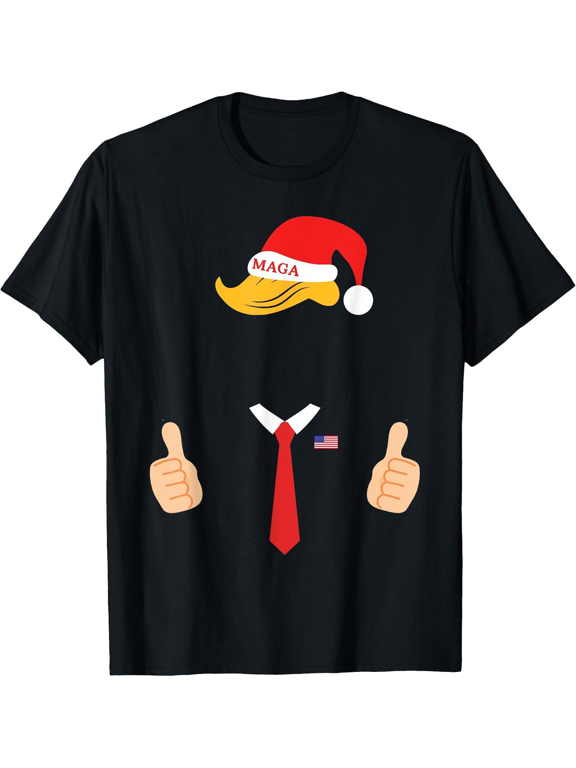 Trump Hair Santa Hat MAGA Red Tie Christmas Family Pajama PJ T-Shirt 180G 100% Cotton Printed Round Neck Short-Sleeve T-Shirt, Gifts for Men Dad Husband Grandpa, S-XXXL, Black