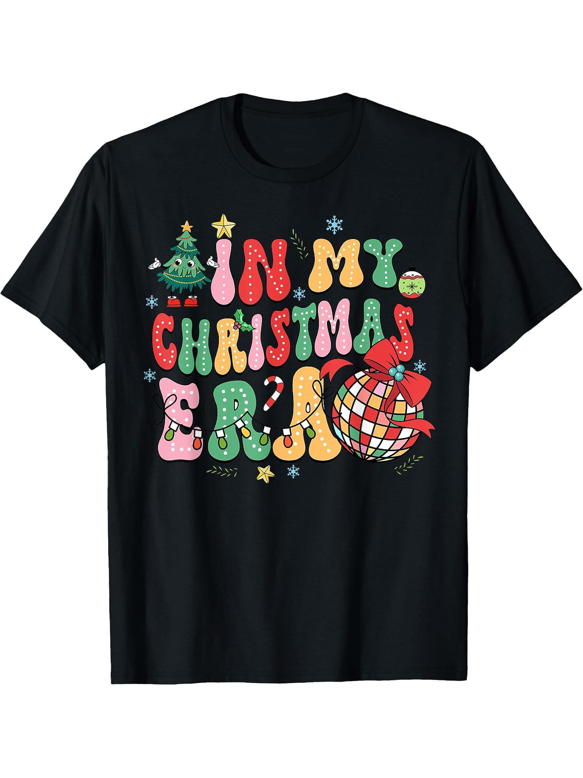 Merry Christmas Santa Xmas Family In My Christmas Era Disco T-Shirt 180G 100% Cotton Printed Round Neck Short-Sleeve T-Shirt, Gifts for Men Dad Husband Grandpa, S-XXXL, Black