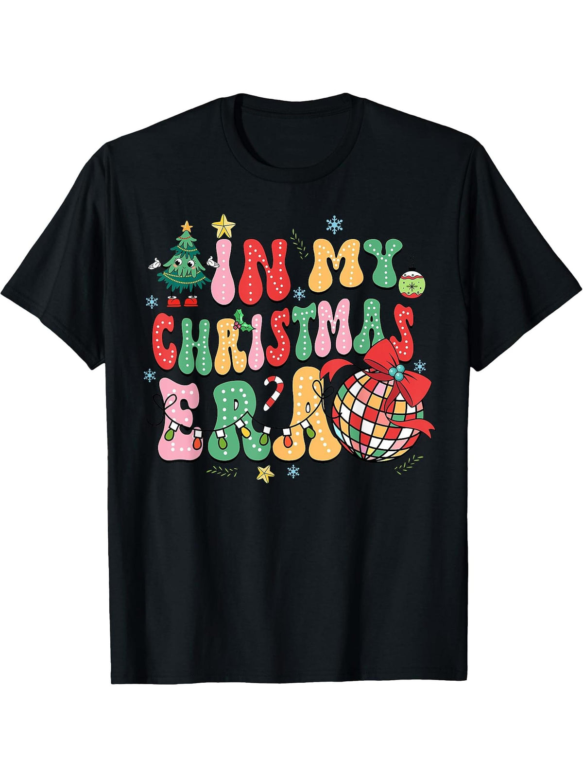 Merry Christmas Santa Xmas Family In My Christmas Era Disco T-Shirt 180G 100% Cotton Printed Round Neck Short-Sleeve T-Shirt, Gifts for Men Dad Husband Grandpa, S-XXXL, Black