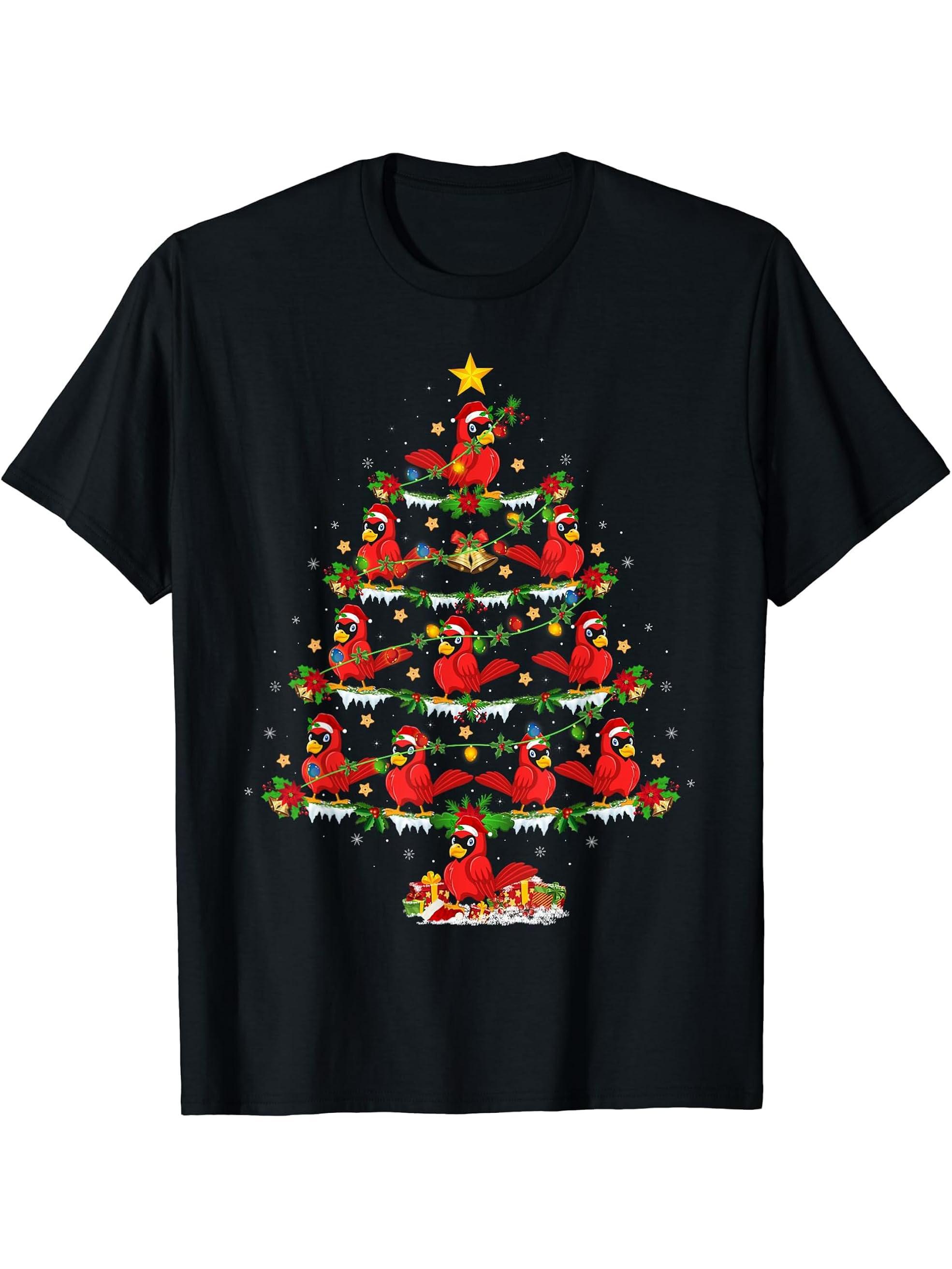 Holiday Xmas Lighting Santa Cardinal Bird Christmas Tree T-Shirt 180G 100% Cotton Printed Round Neck Short-Sleeve T-Shirt, Gifts for Men Dad Husband Grandpa, S-XXXL, Black