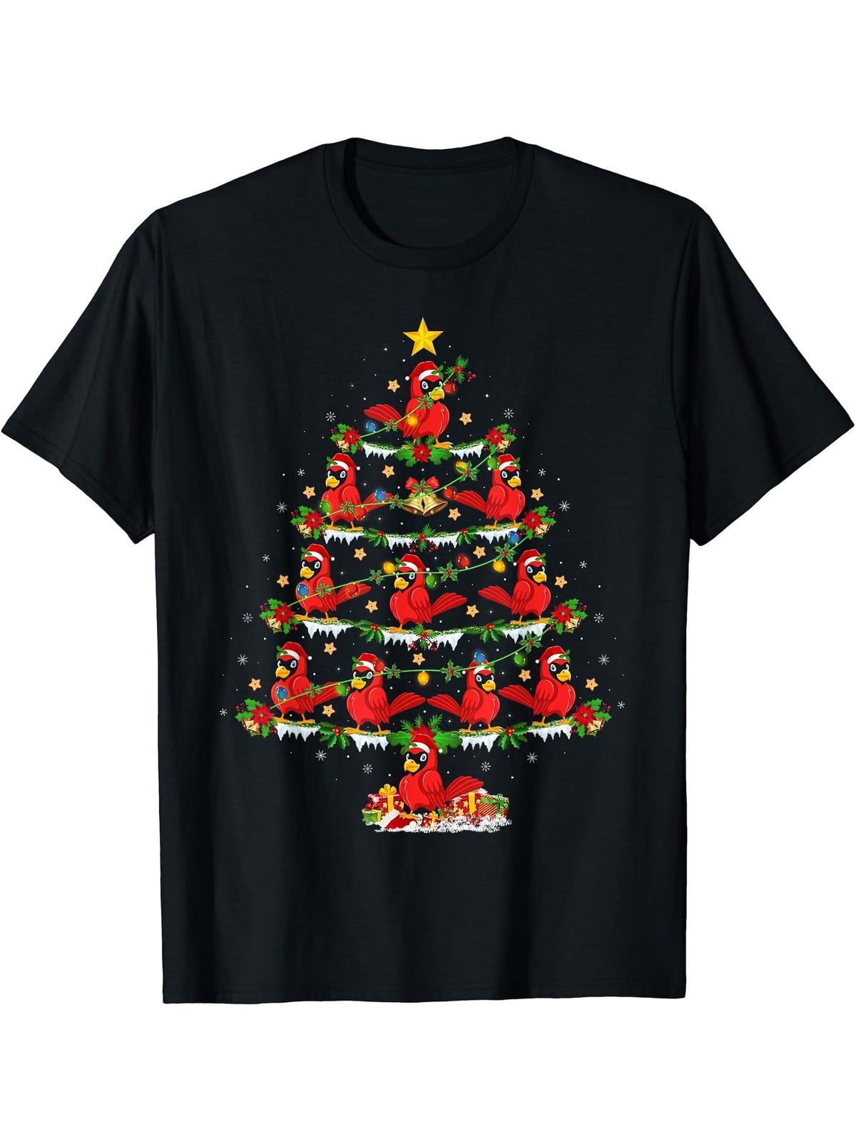Holiday Xmas Lighting Santa Cardinal Bird Christmas Tree T-Shirt 180G 100% Cotton Printed Round Neck Short-Sleeve T-Shirt, Gifts for Men Dad Husband Grandpa, S-XXXL, Black