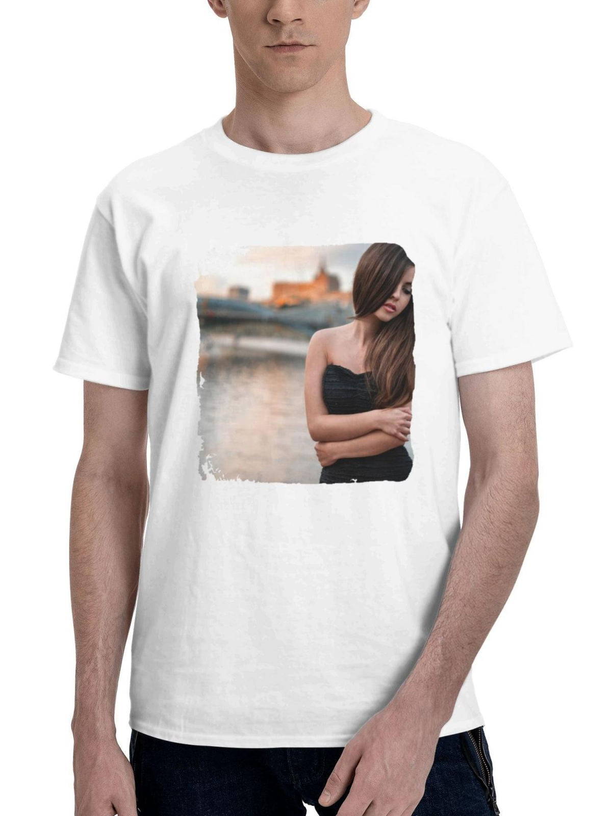 Black Dress Half Face Covered With Hairs City Lake 180G 100% Cotton Printed Round Neck Short-Sleeve T-Shirt, Gifts for Men Dad Husband Grandpa, S-XXXL, White