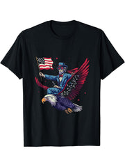 Fourth Of July Abraham Lincoln Bald Eagle America Flag USA T-Shirt 180G 100% Cotton Printed Round Neck Short-Sleeve T-Shirt, Gifts for Men Dad Husband Grandpa, S-XXXL, Black