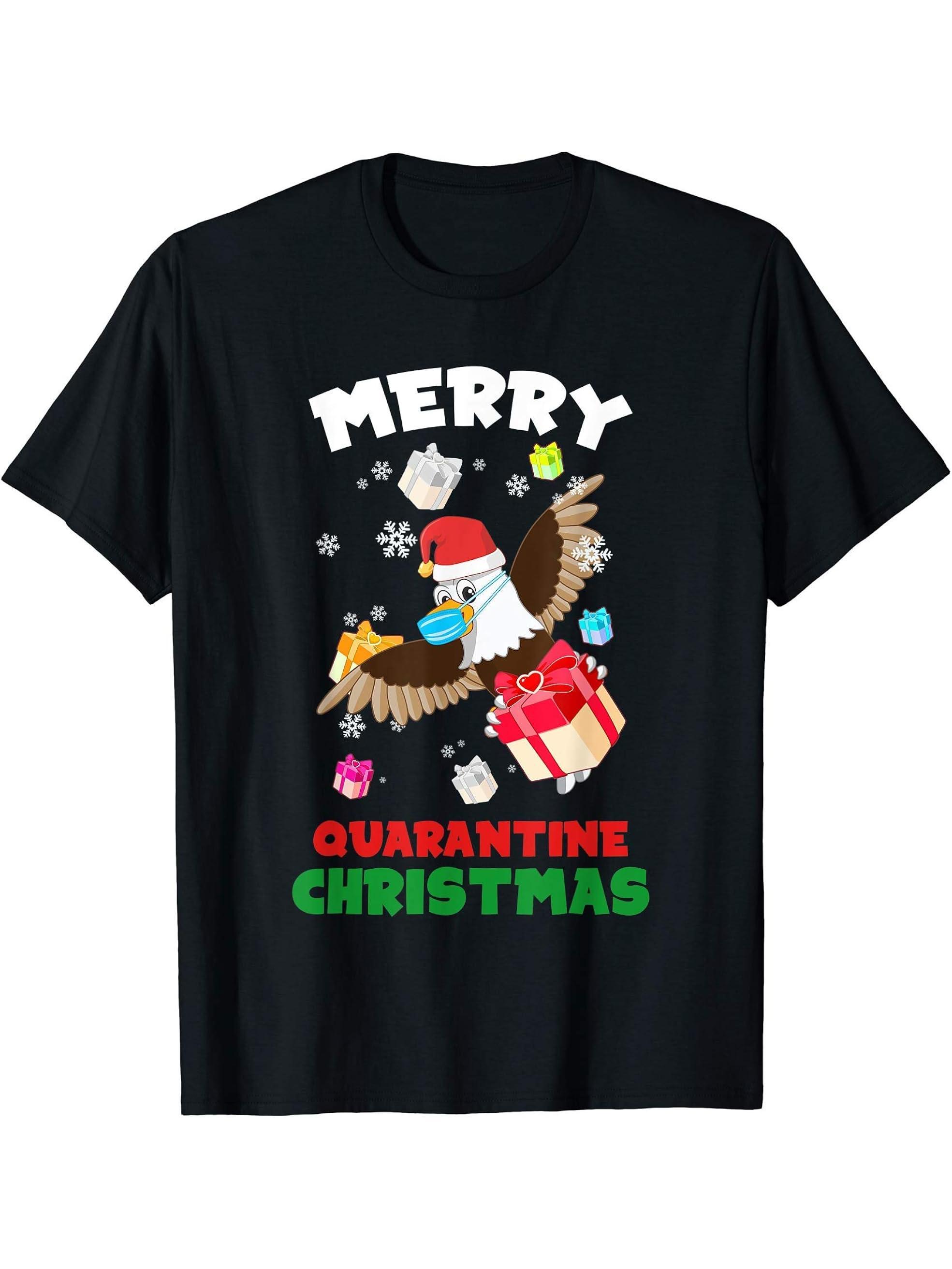 Funny Merry Quarantine Christmas 2020 Bald Eagle Santa Gift T-Shirt 180G 100% Cotton Printed Round Neck Short-Sleeve T-Shirt, Gifts for Men Dad Husband Grandpa, S-XXXL, Black