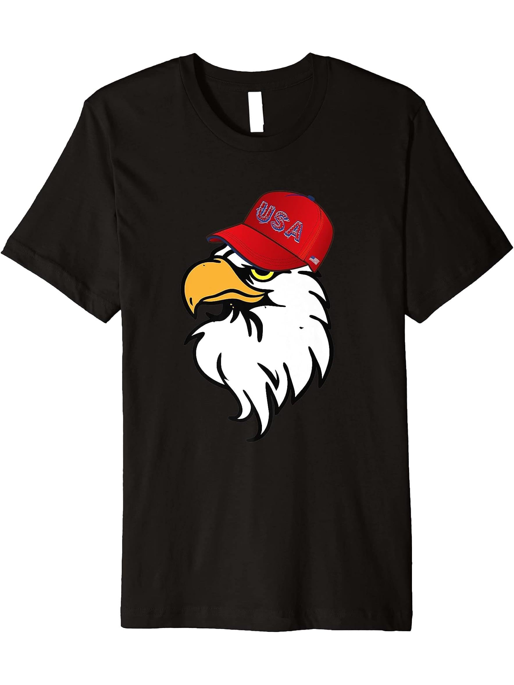 American Bald Eagle Shirt Wearing USA Cap 4th of July Gift Premium T-Shirt 180G 100% Cotton Printed Round Neck Short-Sleeve T-Shirt, Gifts for Men Dad Husband Grandpa, S-XXXL, Black