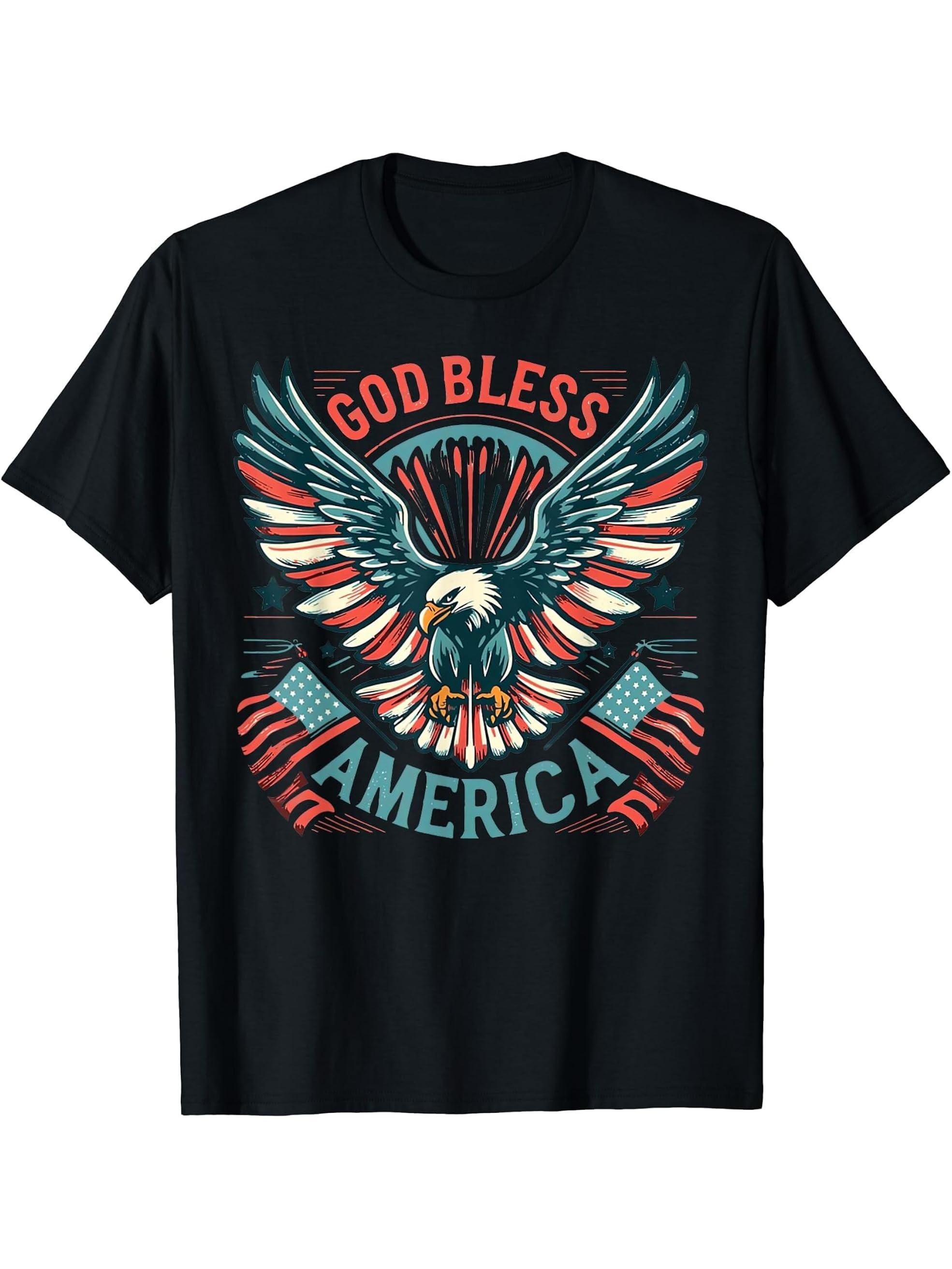 God Bless America Bald Eagle American USA Flag July 4th 1776 T-Shirt 180G 100% Cotton Printed Round Neck Short-Sleeve T-Shirt, Gifts for Men Dad Husband Grandpa, S-XXXL, Black