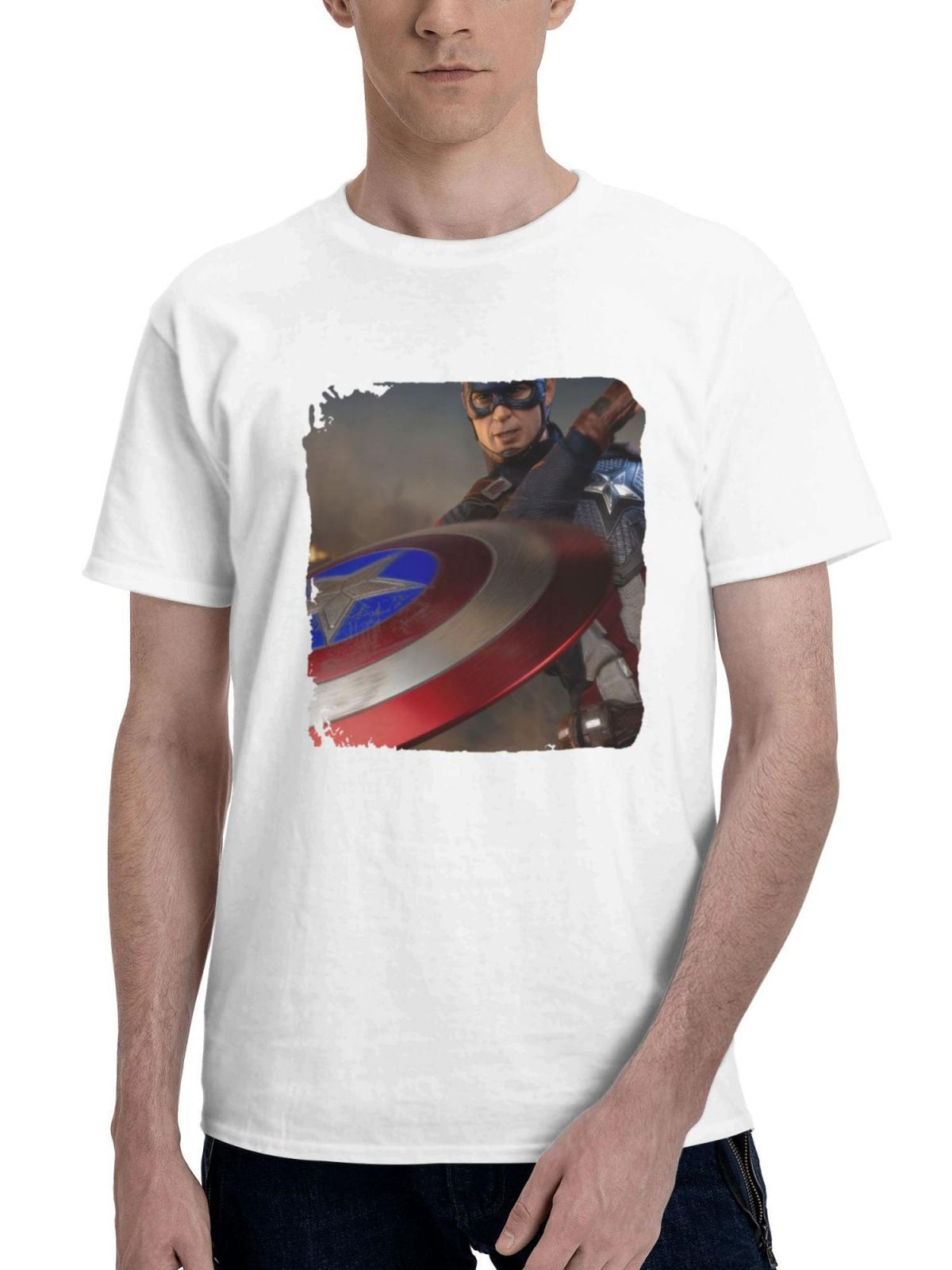 Captain America Throughing Shield 180G 100% Cotton Printed Round Neck Short-Sleeve T-Shirt, Gifts for Men Dad Husband Grandpa, S-XXXL, White