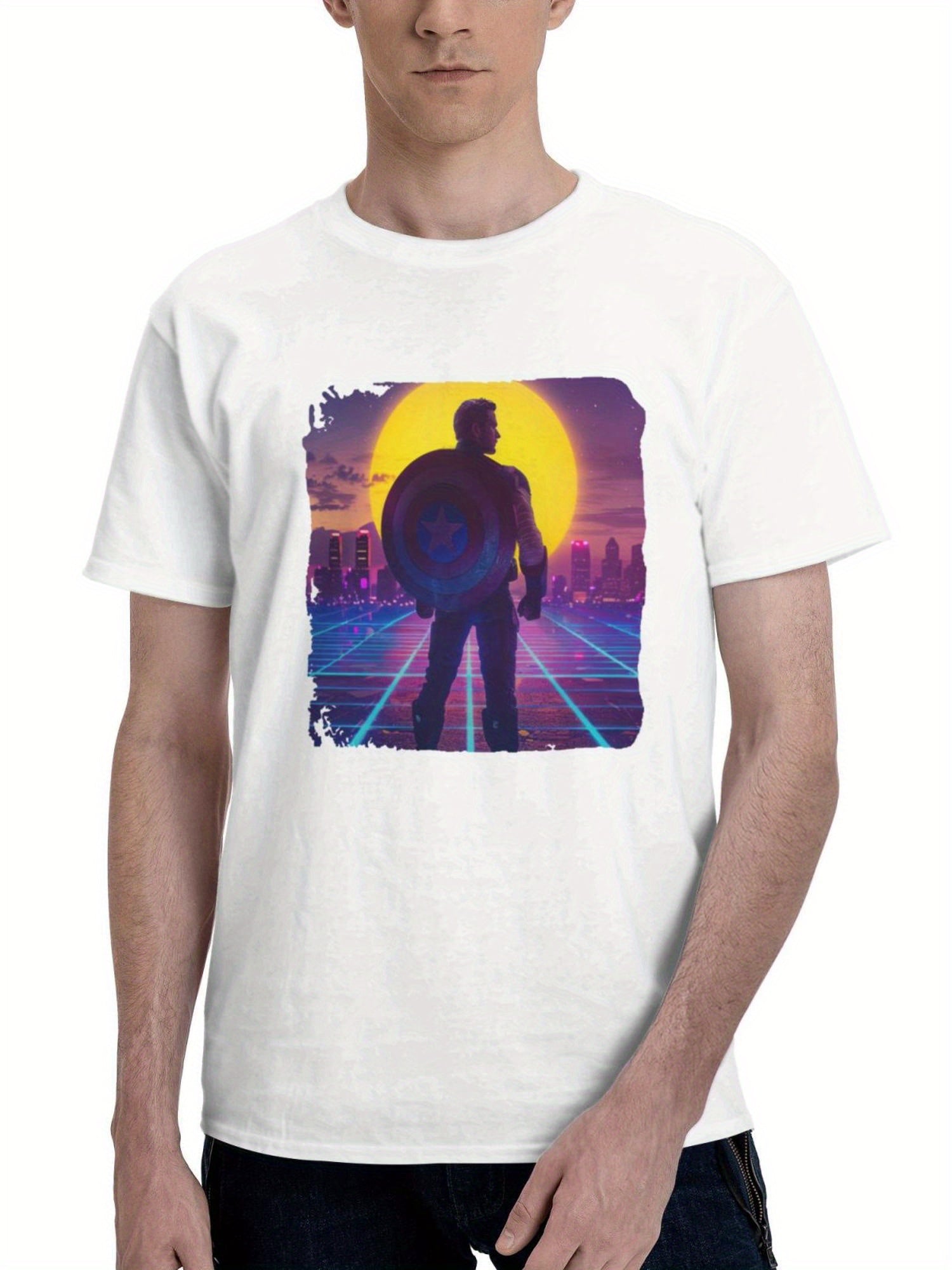 Captain America With Great Power 180G 100% Cotton Printed Round Neck Short-Sleeve T-Shirt, Gifts for Men Dad Husband Grandpa, S-XXXL, White