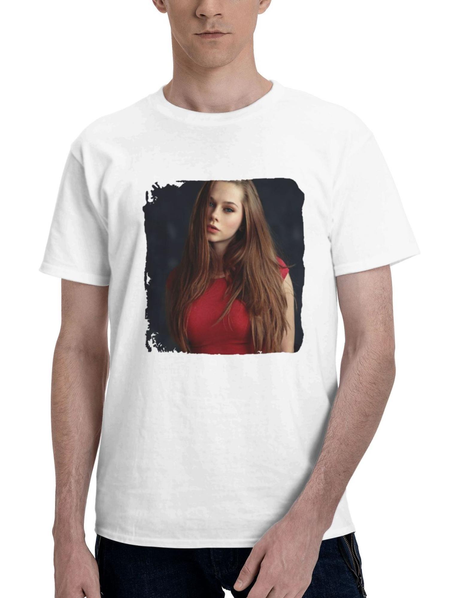 Blonde Girl Blue Eyes Red Clothing 180G 100% Cotton Printed Round Neck Short-Sleeve T-Shirt, Gifts for Men Dad Husband Grandpa, S-XXXL, White