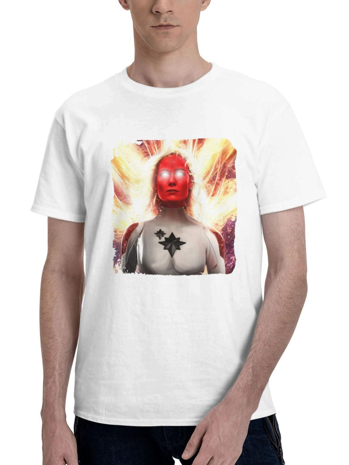 Captain Marvel As Binary 180G 100% Cotton Printed Round Neck Short-Sleeve T-Shirt, Gifts for Men Dad Husband Grandpa, S-XXXL, White